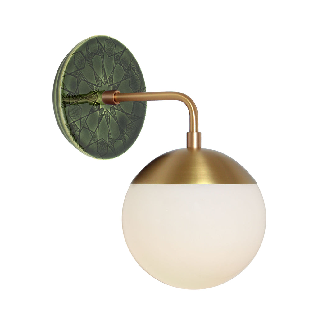 Alto Sconce 6" with Ceramic Canopy shown in Brass with a Forest Green Star Ceramic Canopy Pattern and an Opal 6" globe.