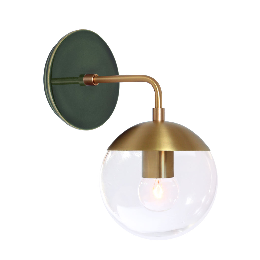 Alto Sconce 6" with Ceramic Canopy shown in Brass with a Forest Green Swift Ceramic Canopy Pattern and a Clear 6" globe.