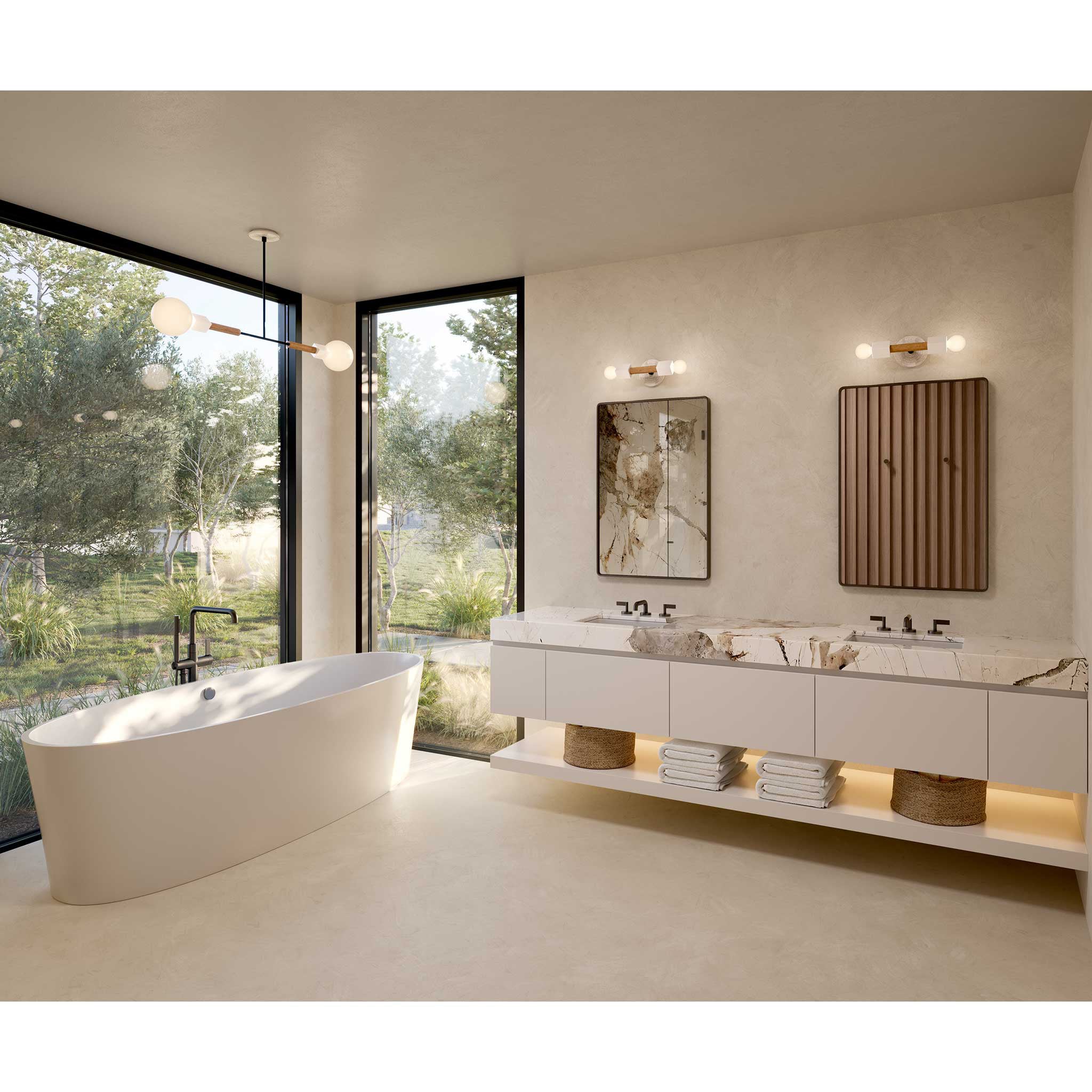 Stanton Pendant shown in Walnut with Swift canopy pattern in Brownstone White Ceramic