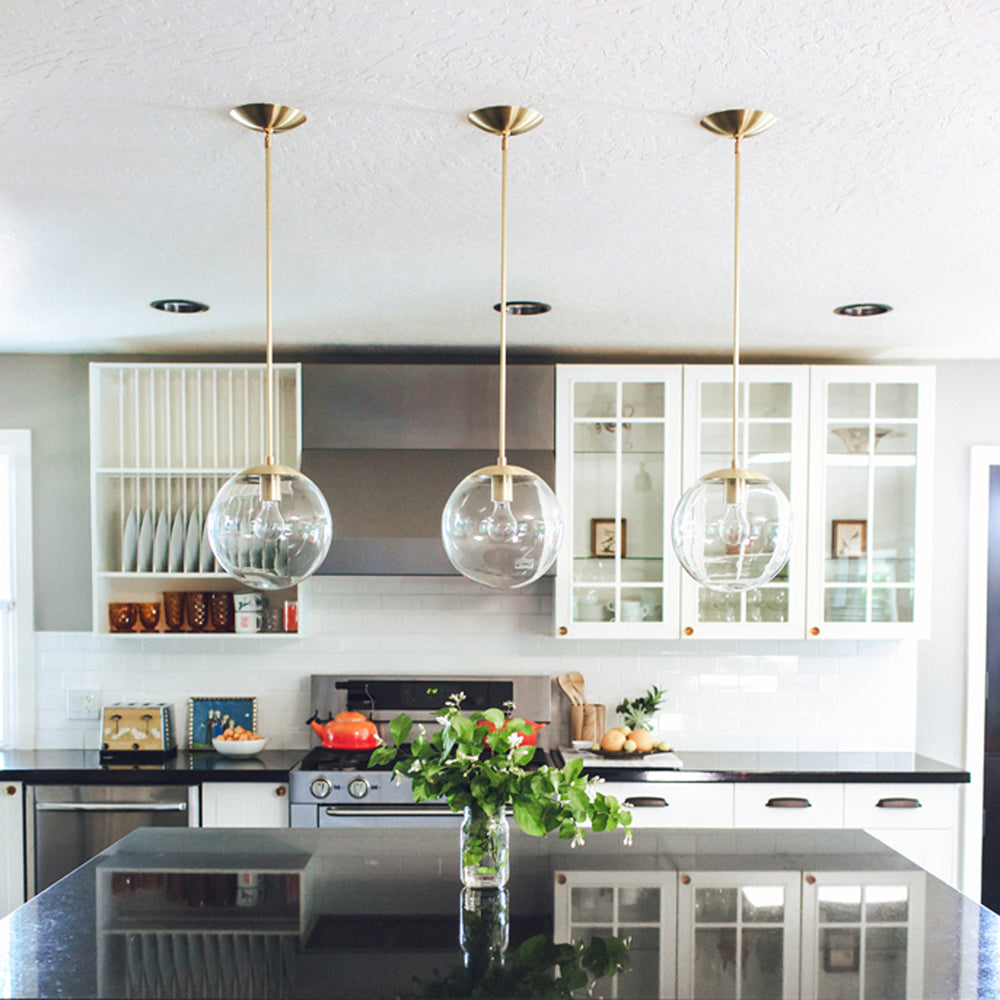  Alto Rod 10" shown in Brass with Clear 10" globes. Interior design and photo by Heather Kinkel Photography.