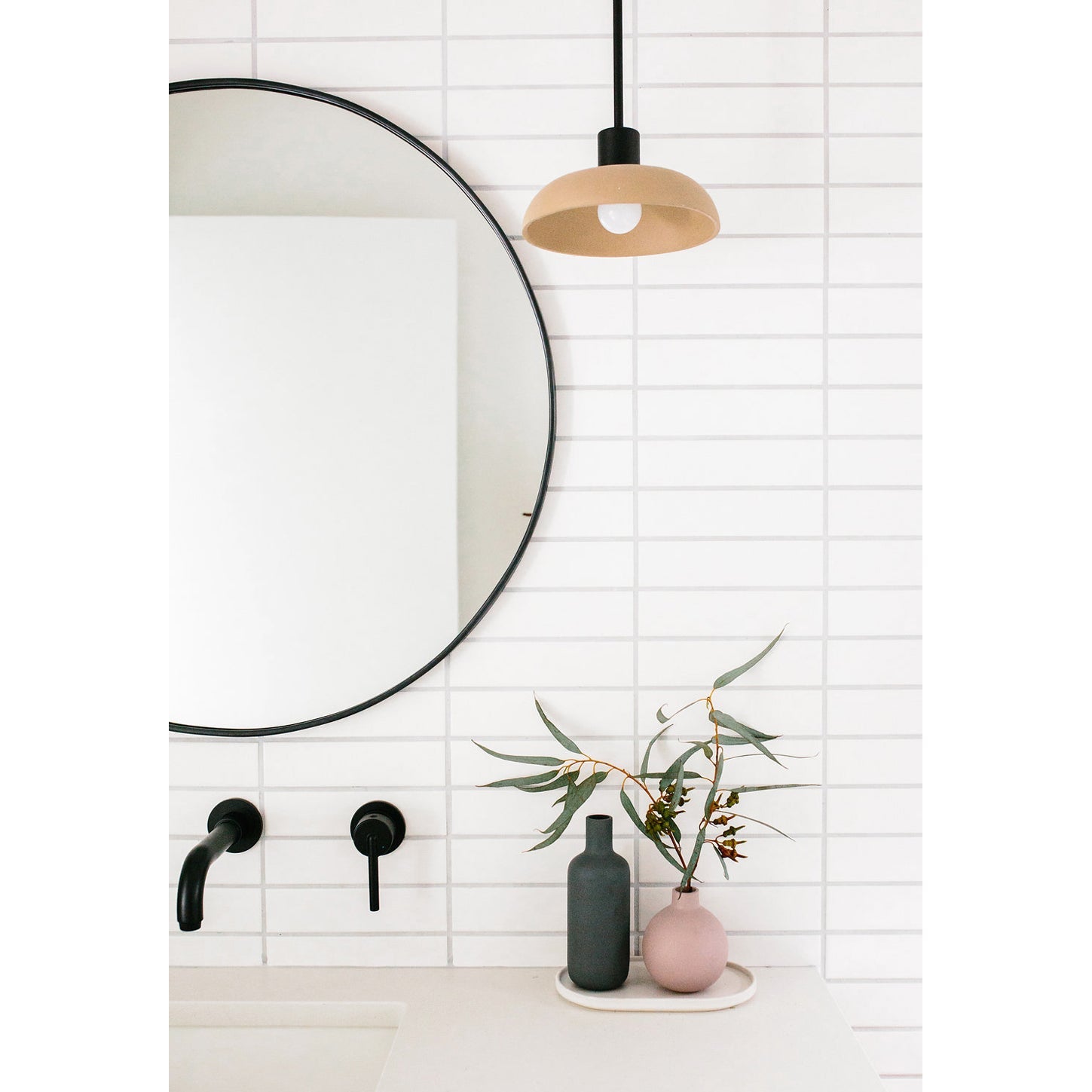 Terra Pendant for Vaulted Ceiling shown in Shell Ceramic finish with Matte Black metal. Interior Design by Jen Pinkston