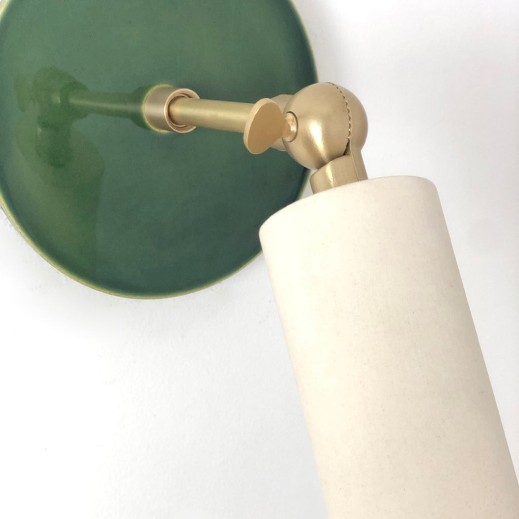 Swift Canopy pattern shown in Forest Green Ceramic with a Brass arm. 