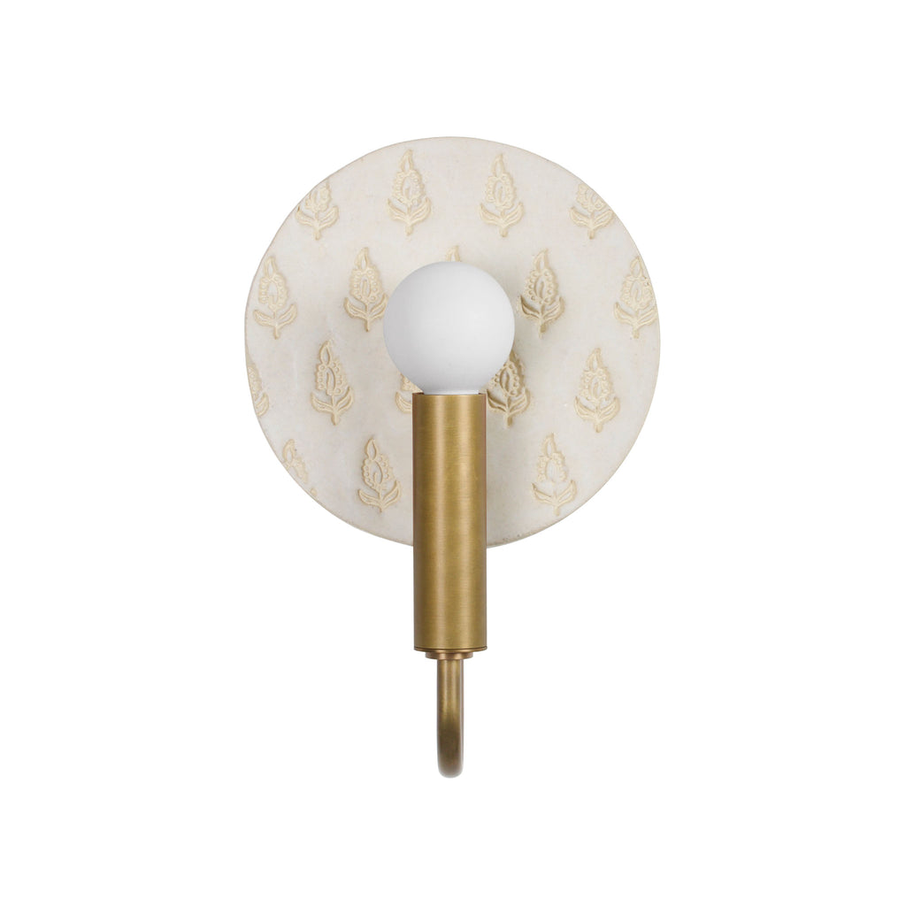 Edith ADA Sconce shown in Heirloom Brass with a Natural White and Cream Floral ceramic backplate.