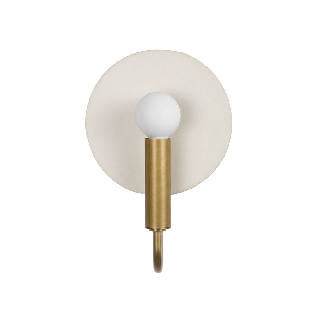 Edith ADA Sconce shown in Heirloom Brass with a Natural White Glaze ceramic backplate