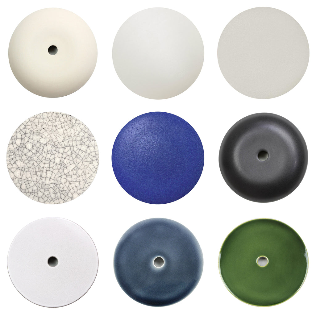 Ceramic Finishes Sample Set: Bone, Satin White Glaze, Natural White Glaze, Gloss Crackle Glaze, Cobalt Blue Glaze, Eclipse Black Glaze, Brownstone White, Indigo Blue, and Forest Green.