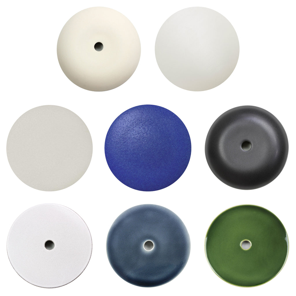 Ceramic Finishes Sample Set: Bone, Satin White Glaze, Natural White Glaze, Cobalt Blue Glaze, Eclipse Black Glaze, Brownstone White, Indigo Blue, and Forest Green.