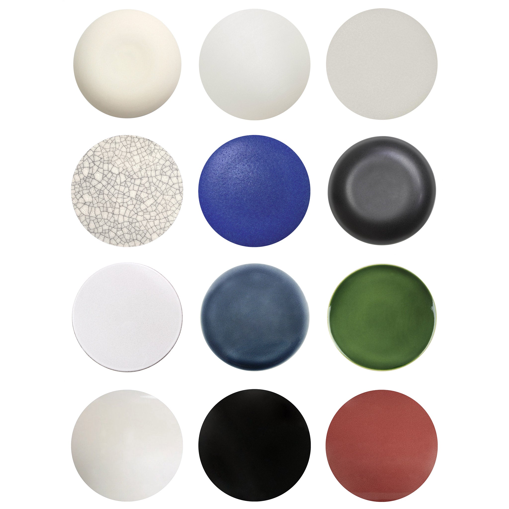 Ceramic Finishes Sample Set: Bone, Satin White Glaze, Natural White Glaze, Gloss Crackle Glaze, Cobalt Blue Glaze, Eclipse Black Glaze, Brownstone White, Indigo Blue, Forest Green, Gloss White Glaze, Gloss Black Glaze, and Gloss Coral Rose