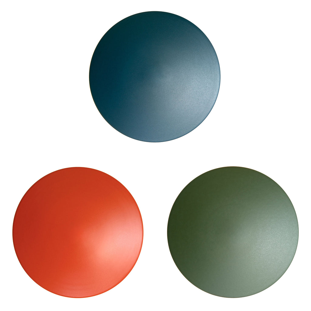 Vibrant Finishes Sample Set shown with Ocean Blue, Persimmon, and Secret Garden Green .