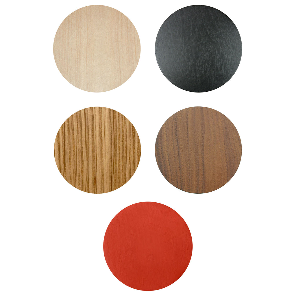 Wood Finishes Sample Set shown in Maple, Black Stained wood, Oak, Walnut, Persimmon.