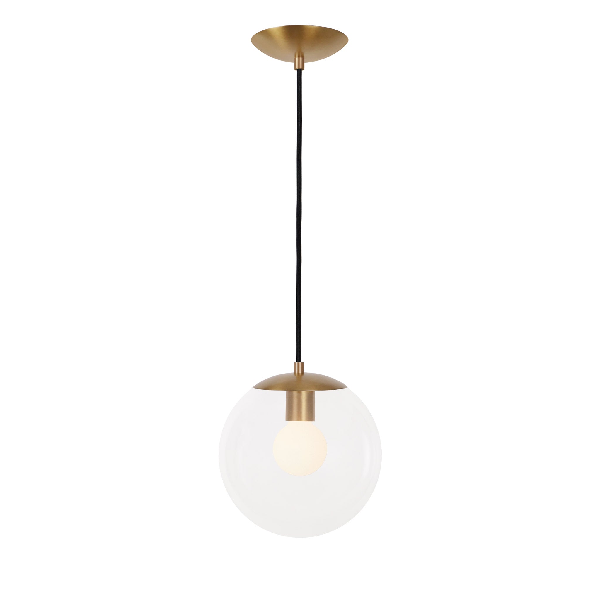 Alto Cord 8" shown in Heirloom Brass with Black Cloth Cord and a Clear 10” Globe