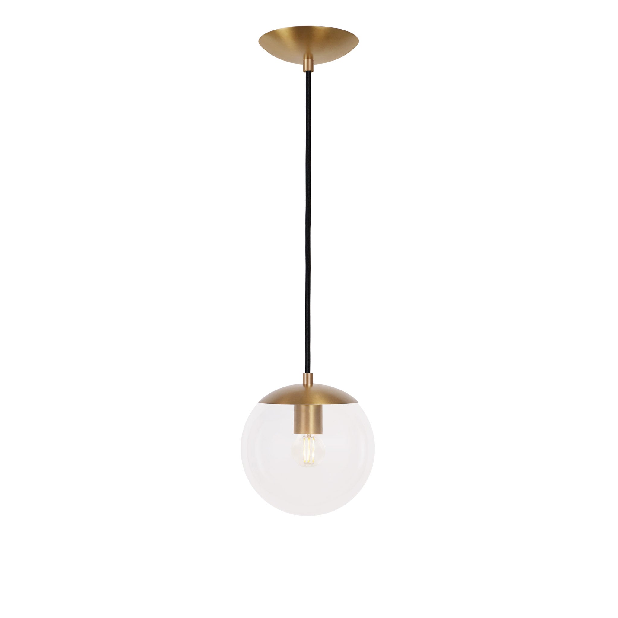 Alto Cord 8" shown in Heirloom Brass with Black Cloth Cord and a Clear 8" Globe