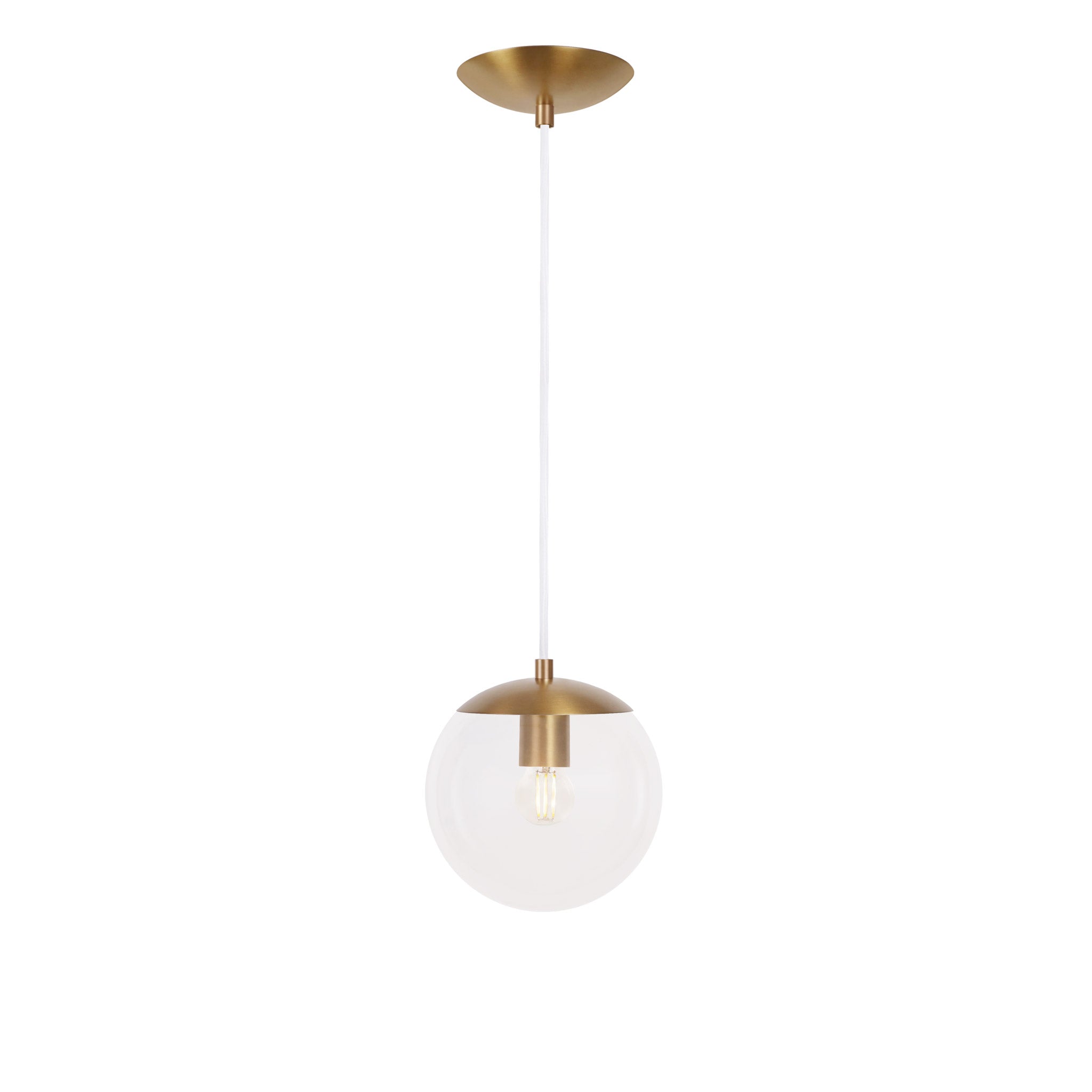 Alto Cord 8" shown in Heirloom Brass with White Cloth Cord and a Clear 8" Globe
