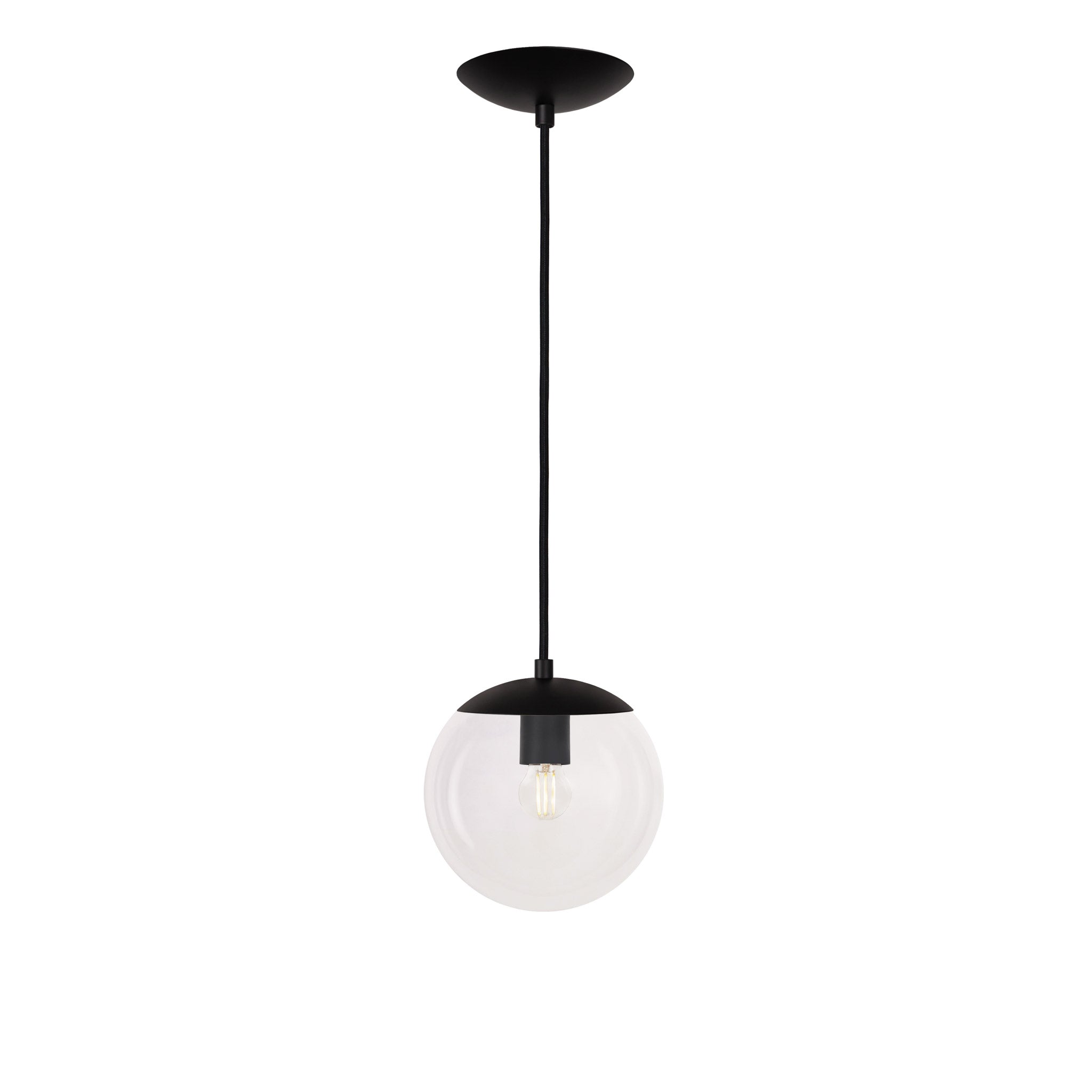 Alto Cord 8" shown in Matte Black with Black Cloth Cord and a Clear 8" Globe