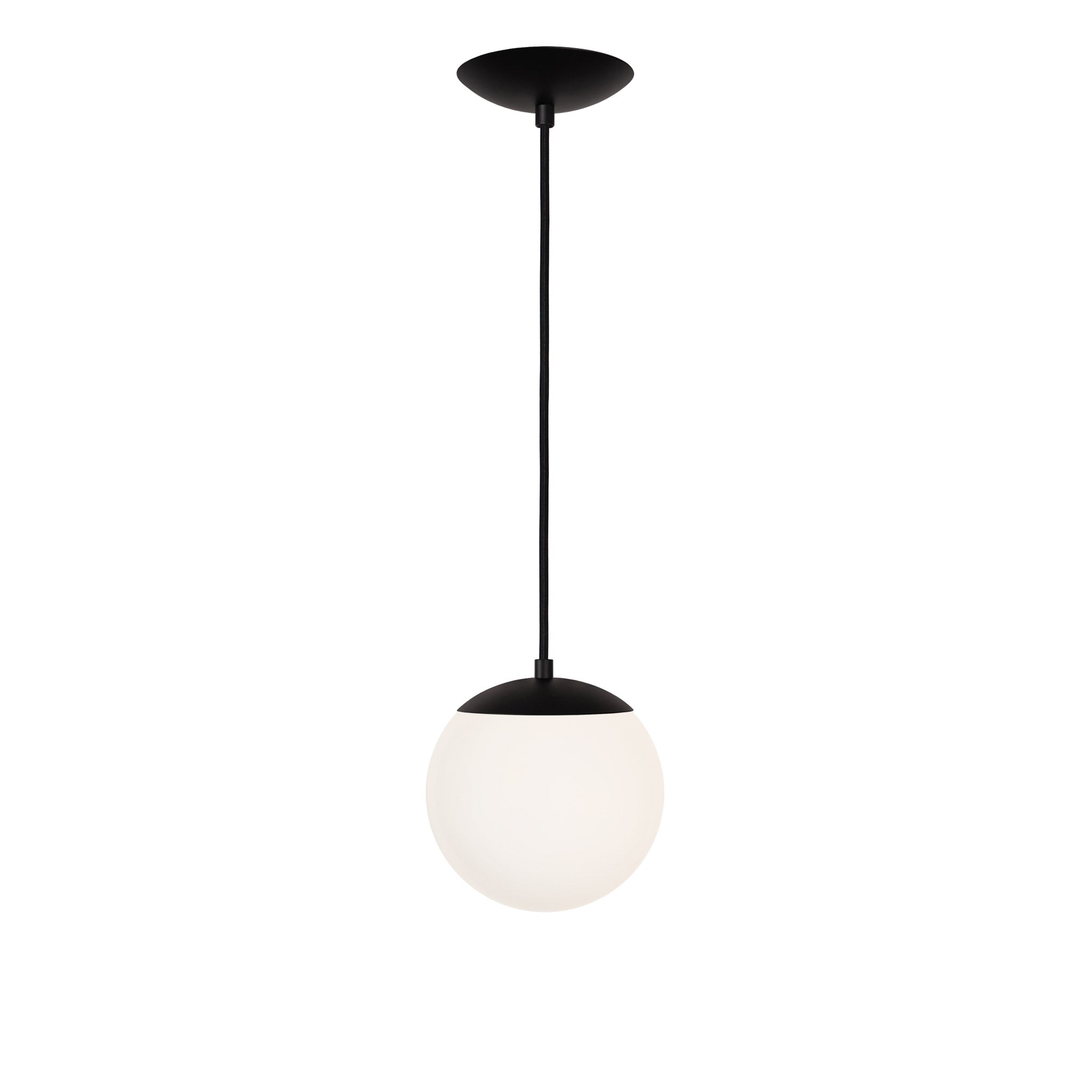 Alto Cord 8" shown in Matte Black with Black Cloth Cord and an Opal 8" Globe