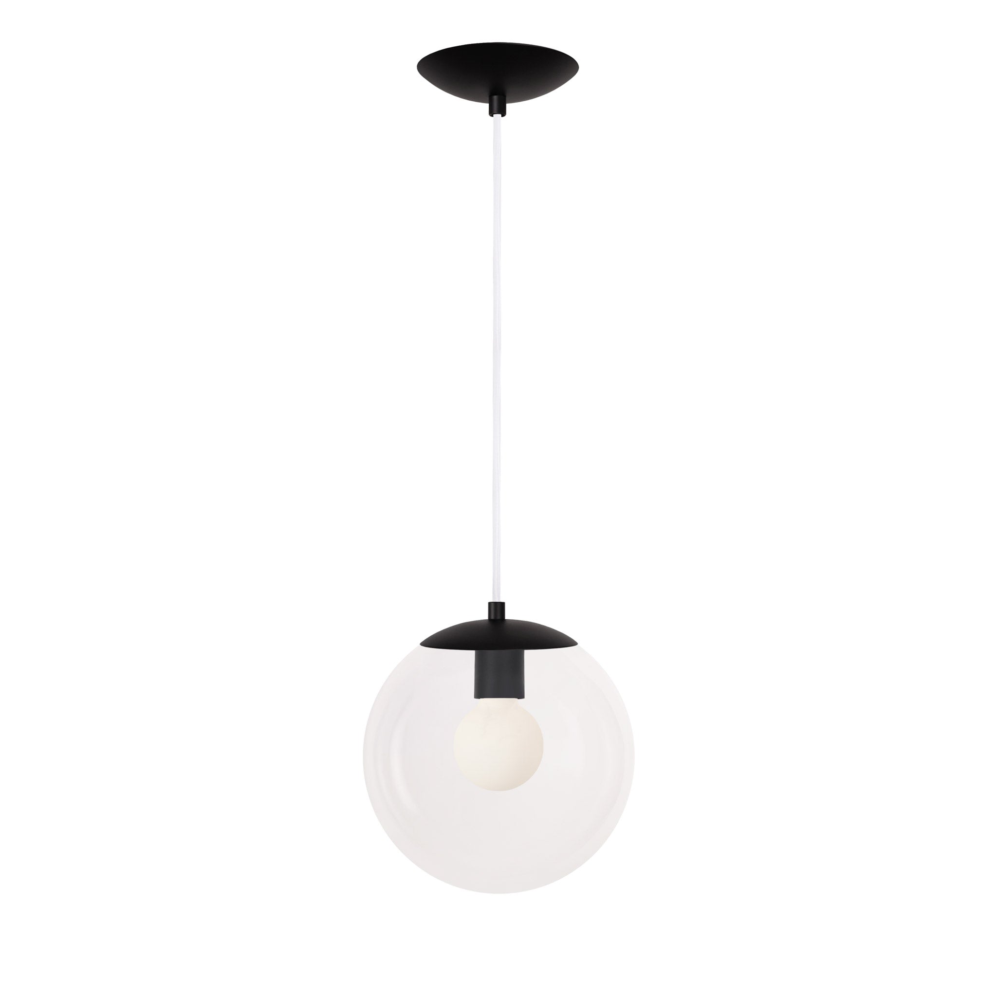Alto Cord 8" shown in Matte Black with White Cloth Cord and a Clear 10” Globe