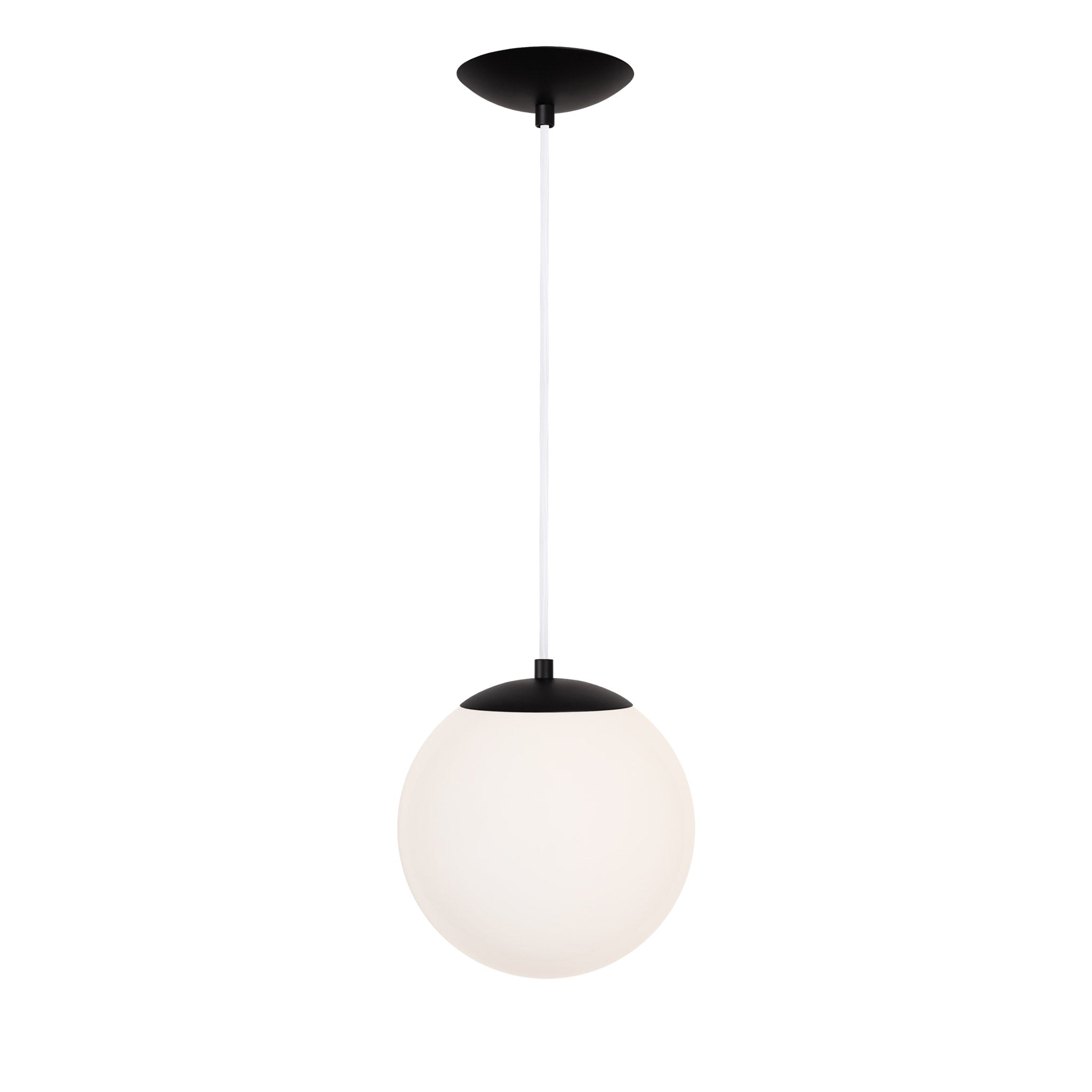 Alto Cord 8" shown in Matte Black with White Cloth Cord and an Opal 10” Globe