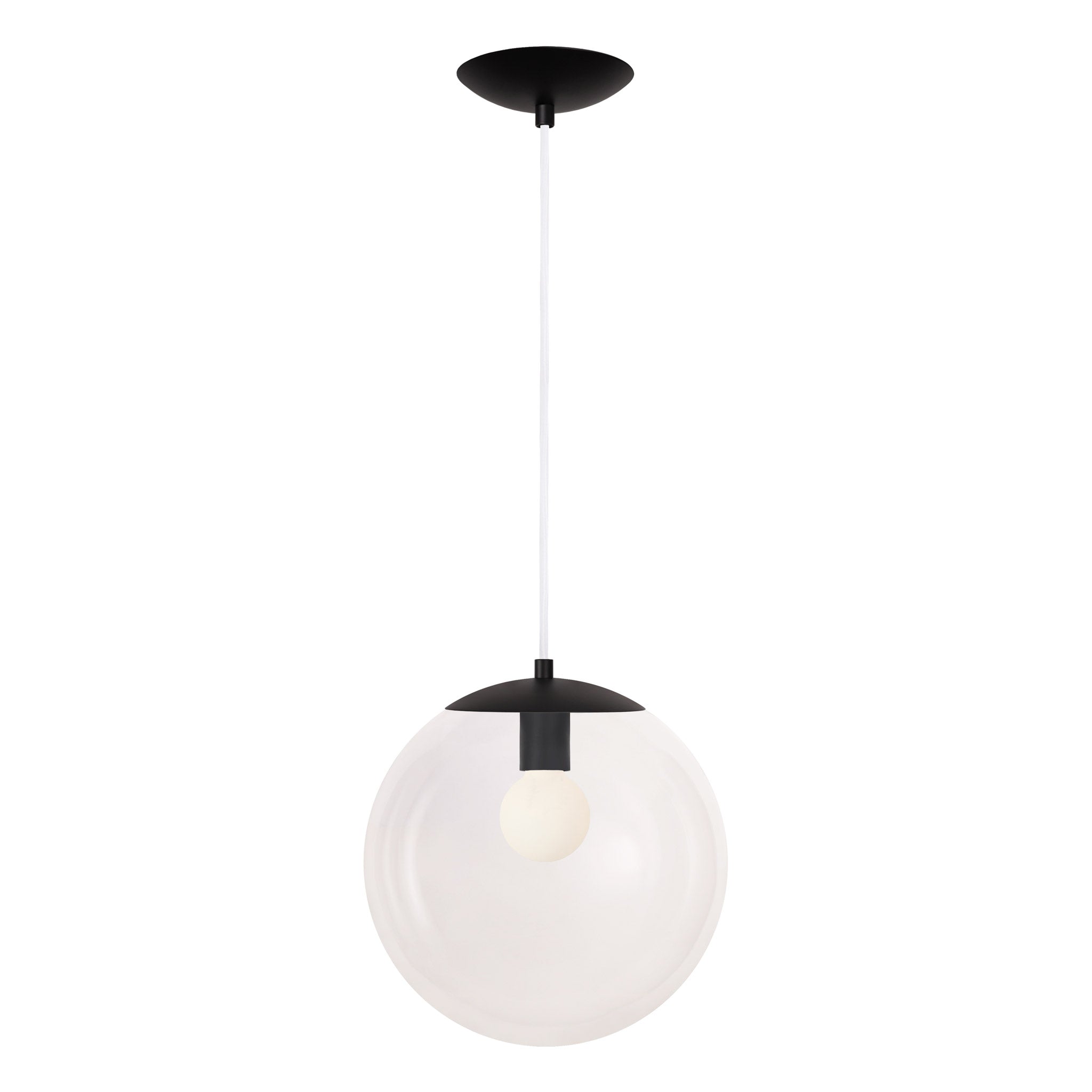 Alto Cord 12” shown in Matte Black with White Cloth Cord and a Clear 12” Globe