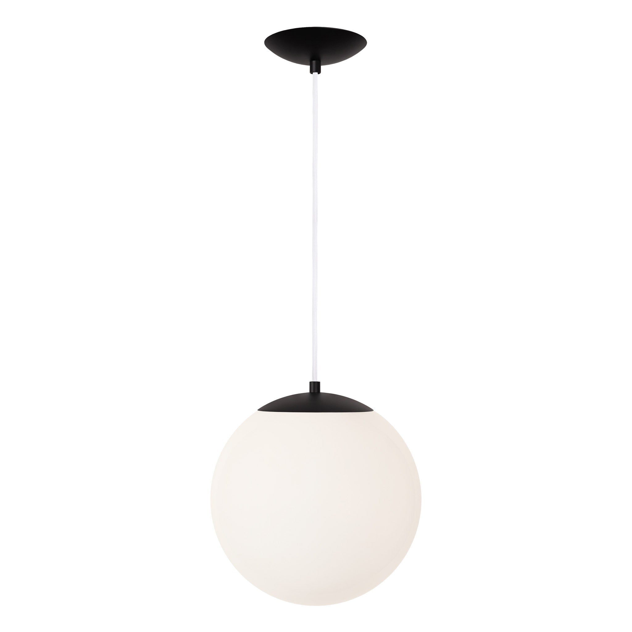 Alto Cord 12” shown in Matte Black with White Cloth Cord and an Opal 12” Globe