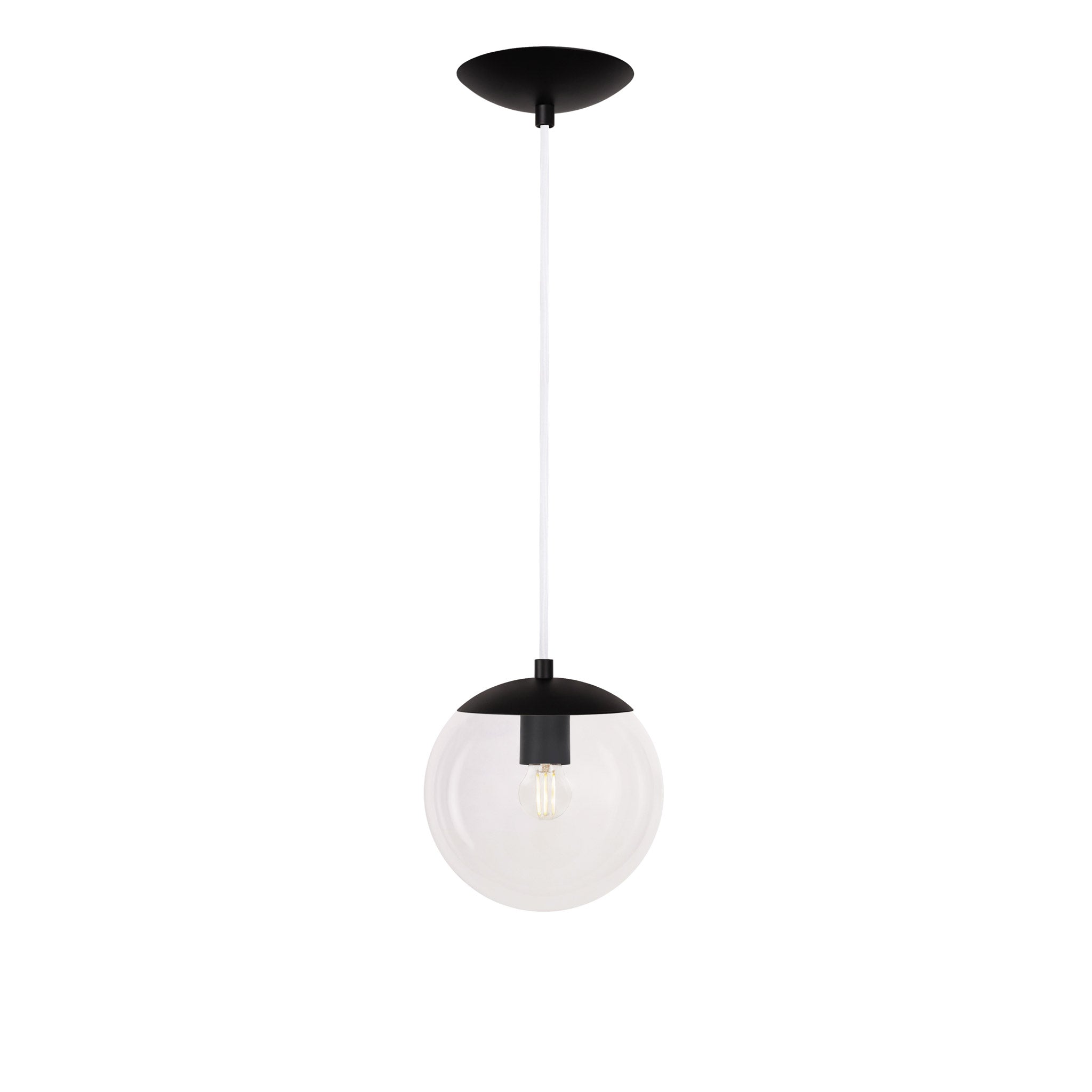 Alto Cord 8" shown in Matte Black with White Cloth Cord and a Clear 8" Globe