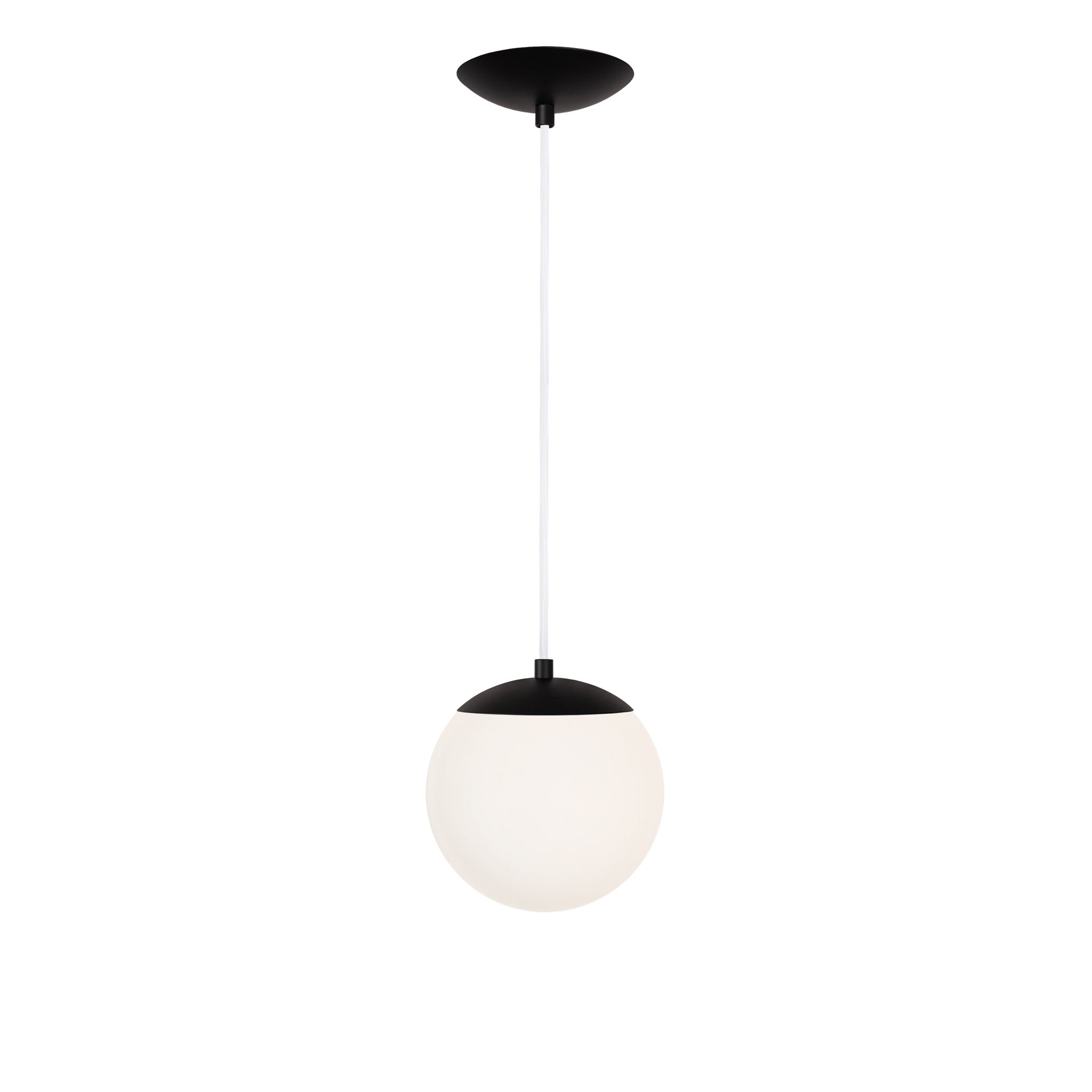 Alto Cord 8" shown in Matte Black with White Cloth Cord and an Opal 8" Globe