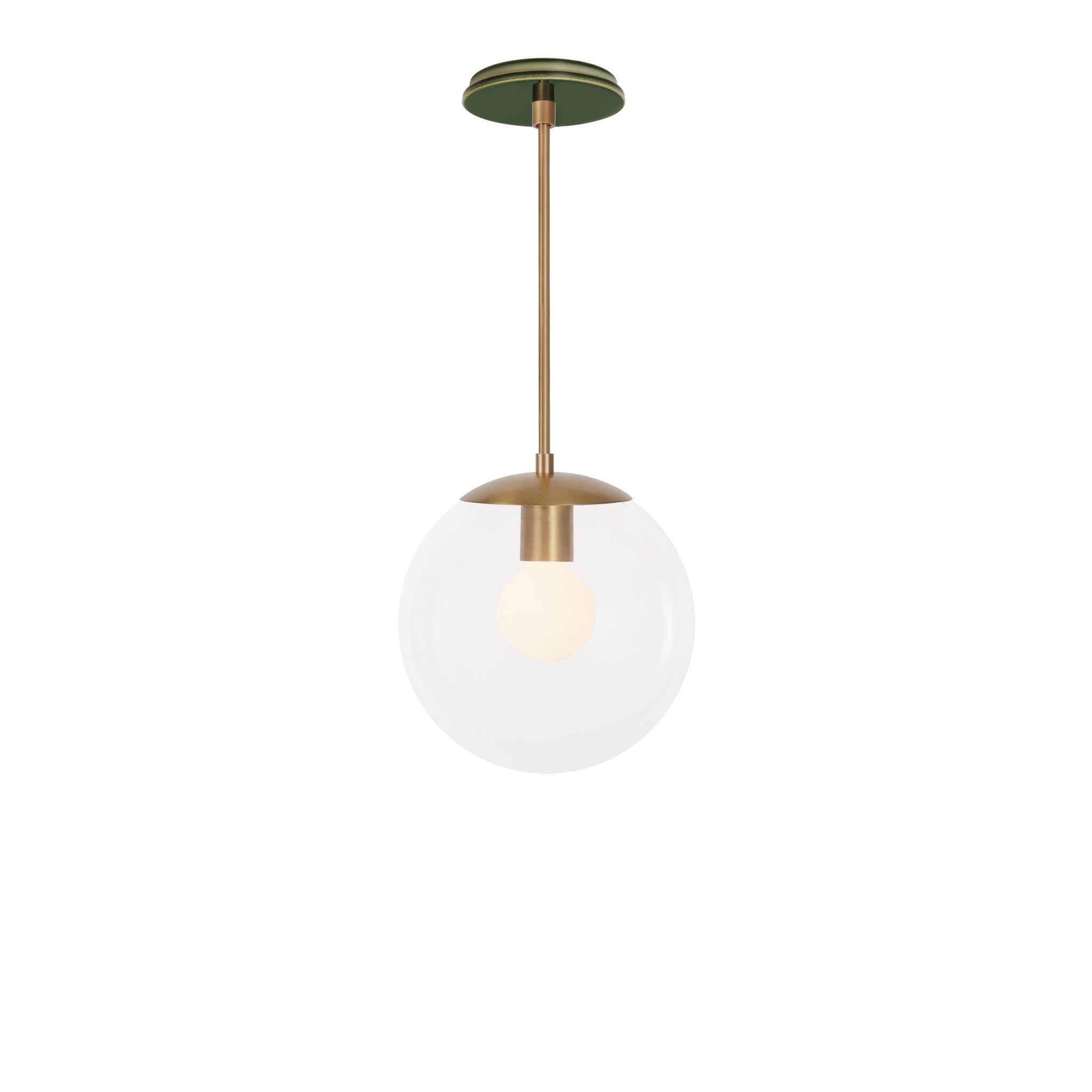 Alto Rod 10” Clear shown in Heirloom Brass with a Forest Green Swift Ceramic Canopy