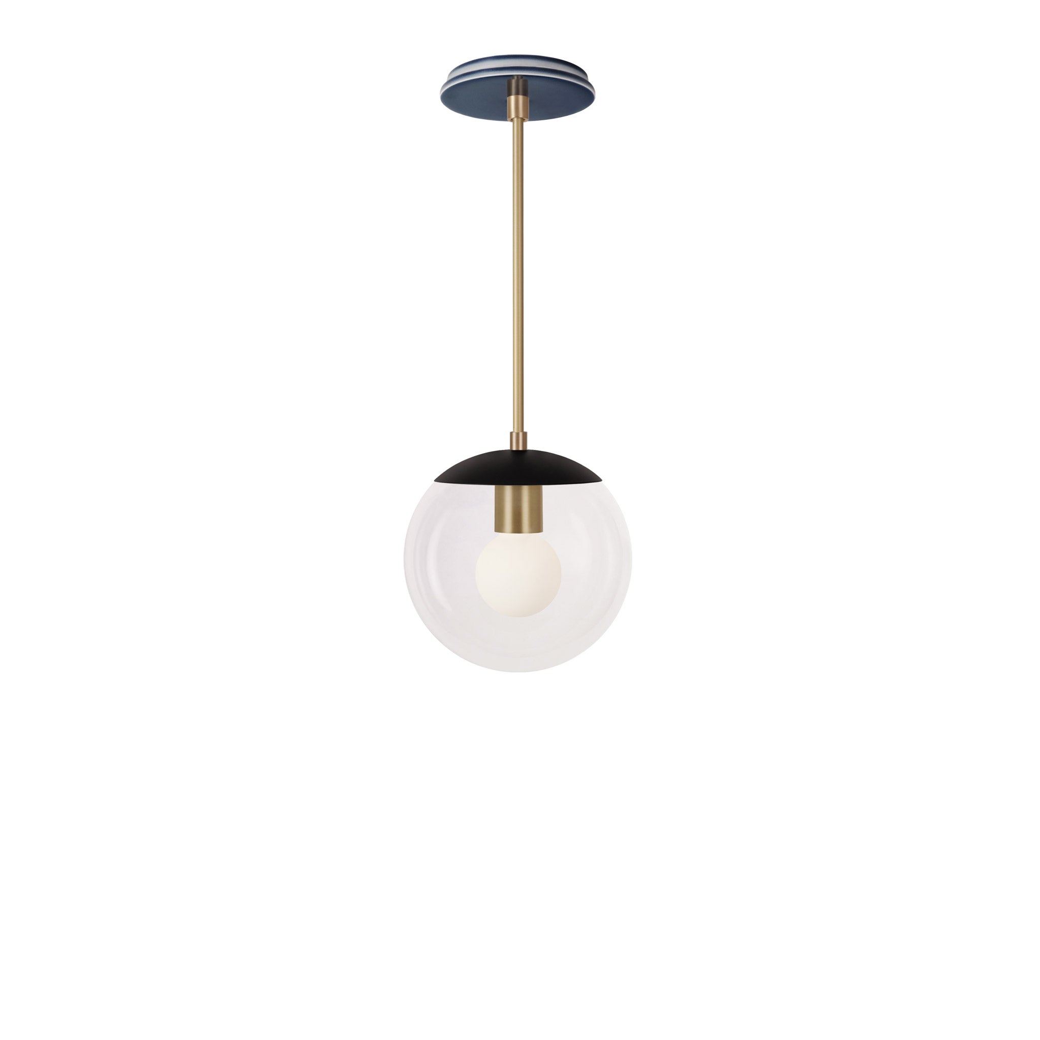 Alto Rod 8” Clear shown in Matte Black with Brass and an Indigo Blue Swift Ceramic Canopy