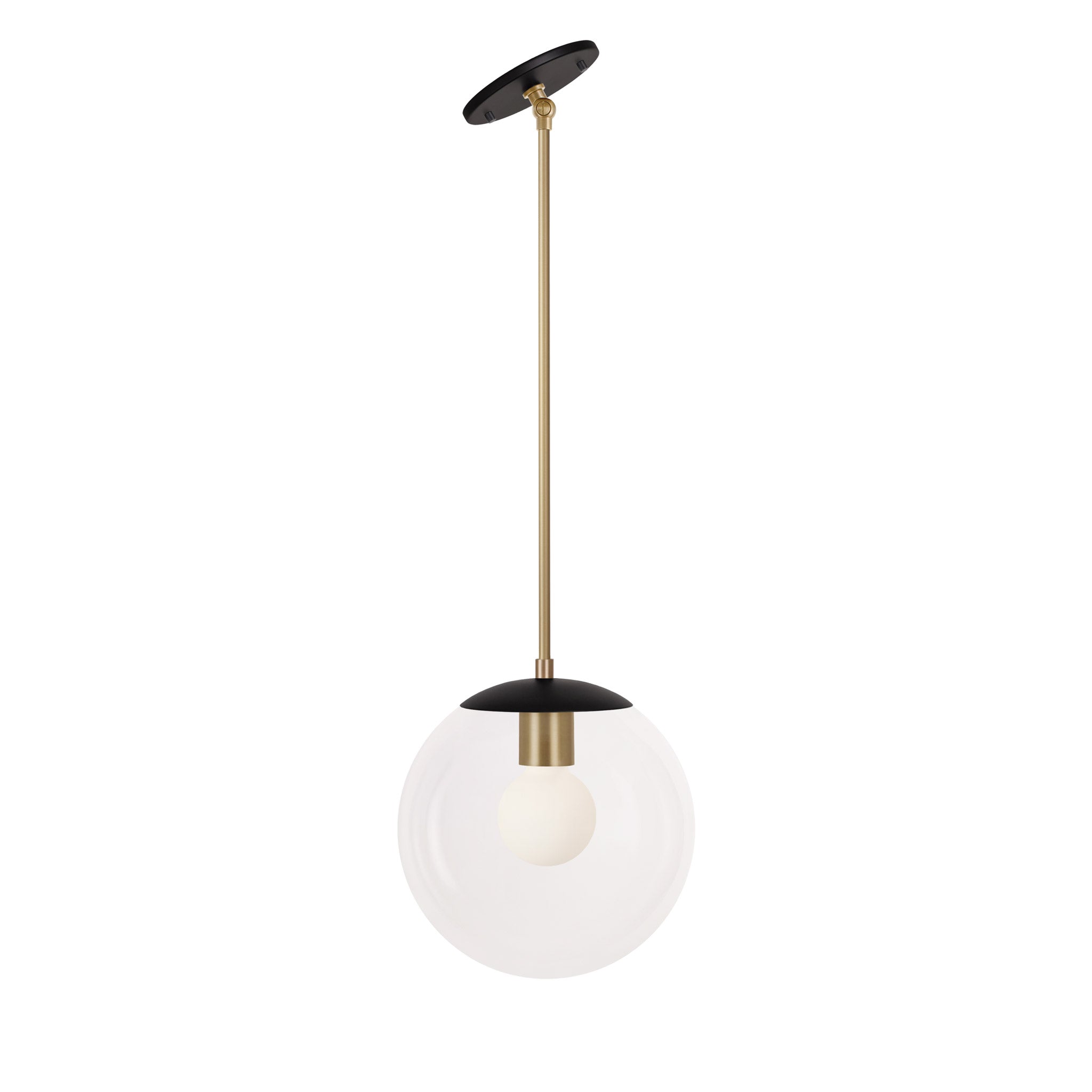 Alto Rod 10" for Vaulted Ceiling shown in Matte Black with Brass and a Clear 10" Globe