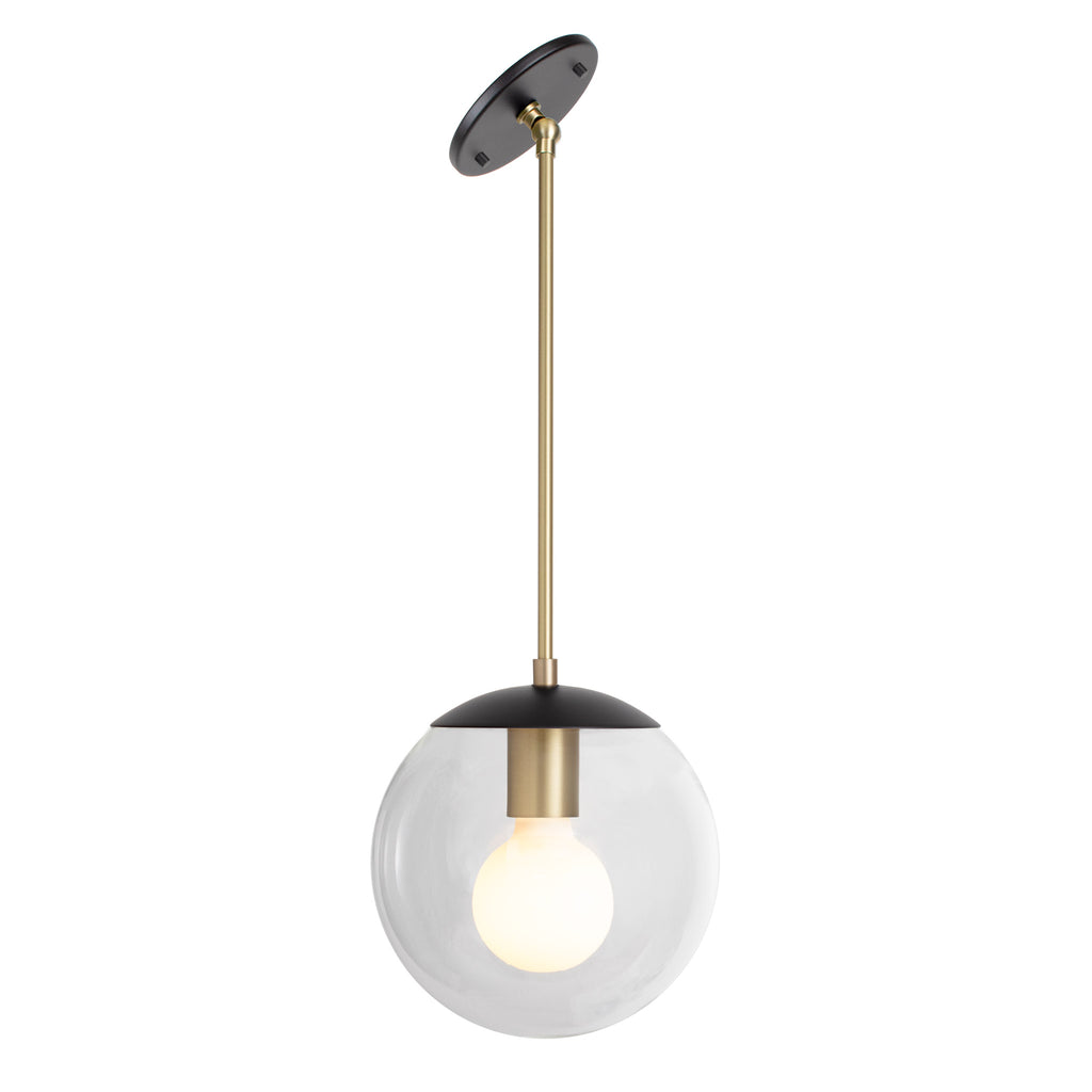 Alto Rod 8" for Vaulted Ceiling shown in Matte Black and Brass with a Clear 8" Globe