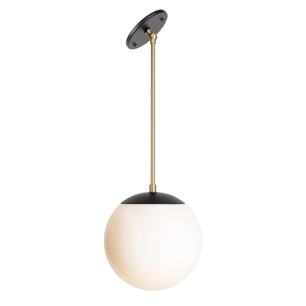 Alto Rod 8" for Vaulted Ceiling shown in Matte Black and Brass with an Opal 8" Globe