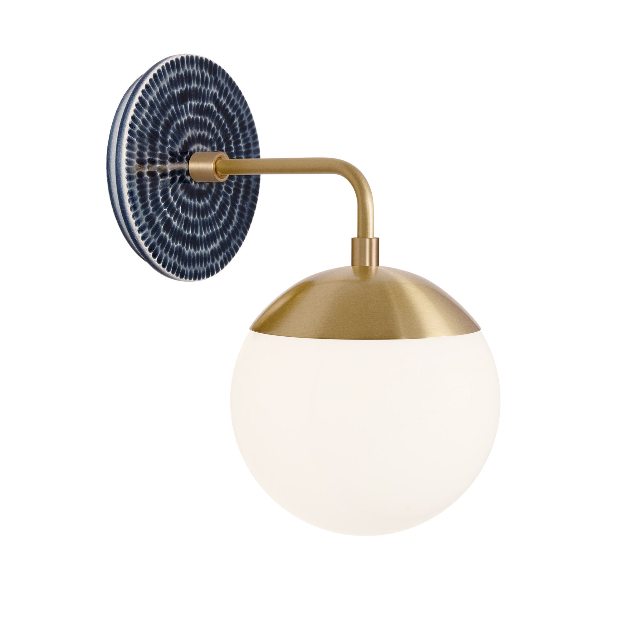 Alto Sconce 6” shown in Brass with an Indigo Blue Sunflower Ceramic Canopy