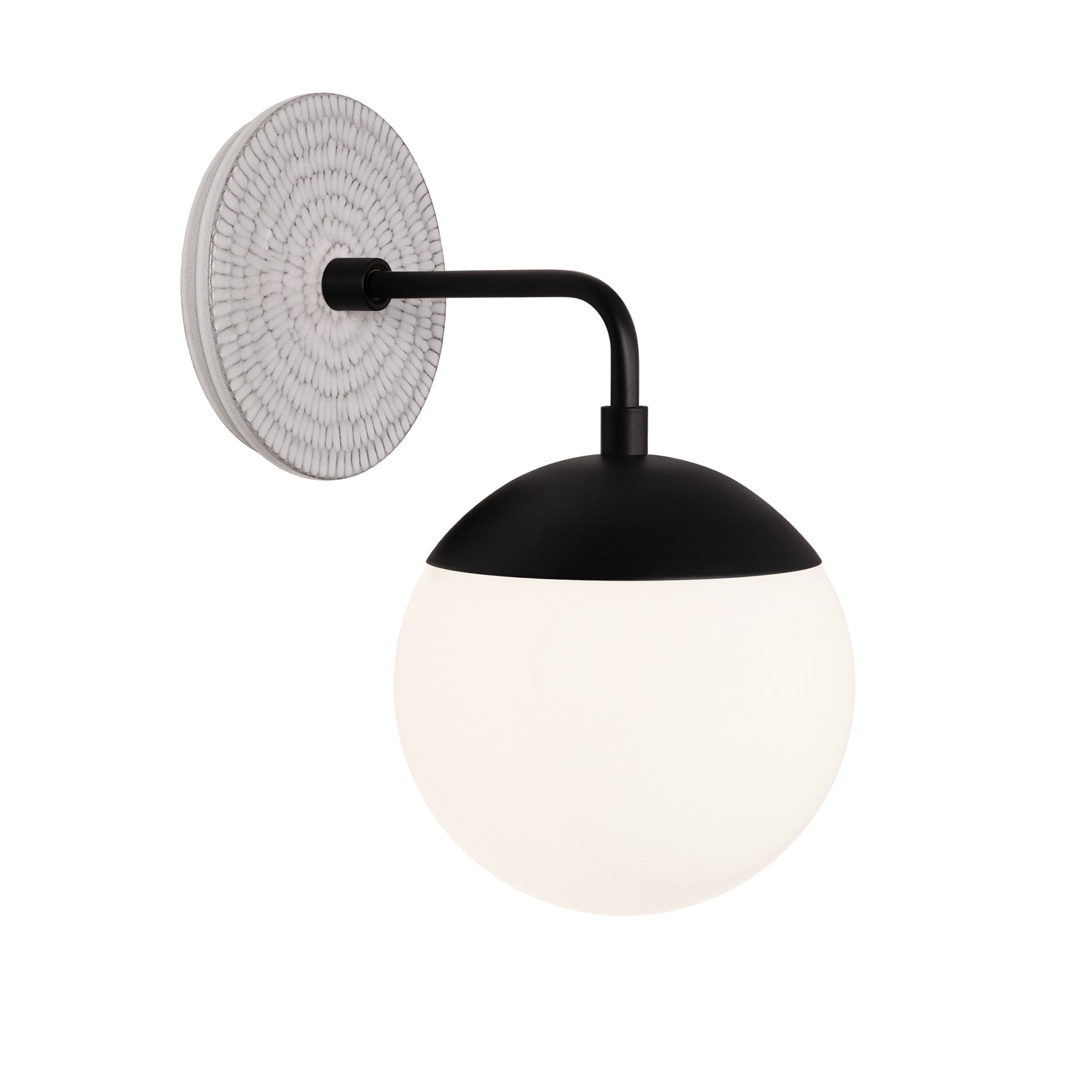 Alto Sconce 6” shown in Matte Black with a Brownstone White Sunflower Ceramic Canopy