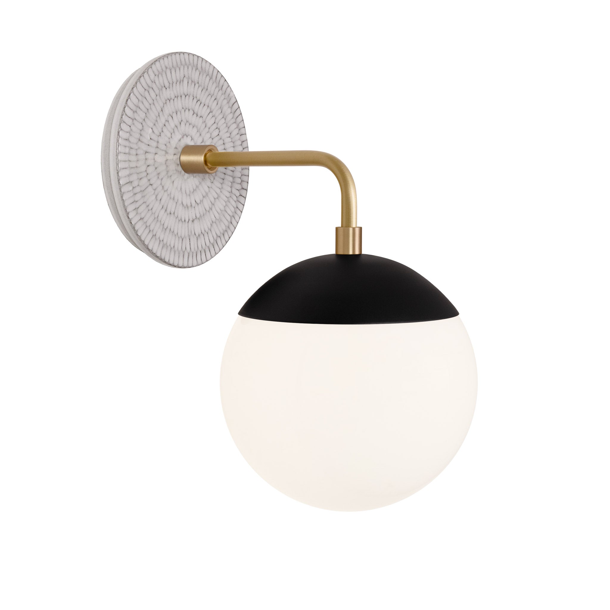 Alto Sconce 6” shown in Matte Black with Brass and a Brownstone White Sunflower Ceramic Canopy
