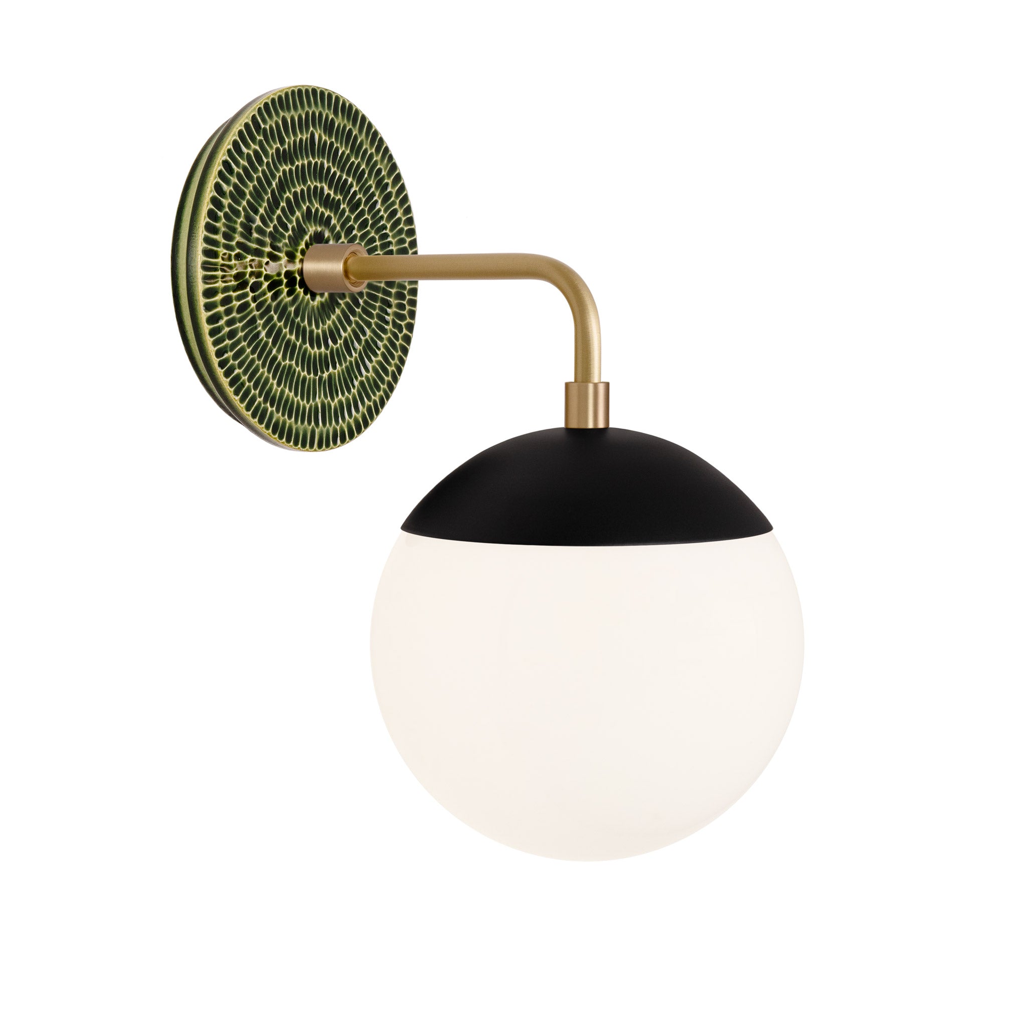 Alto Sconce 6” shown in Matte Black with Brass and a Forest Green Sunflower Ceramic Canopy