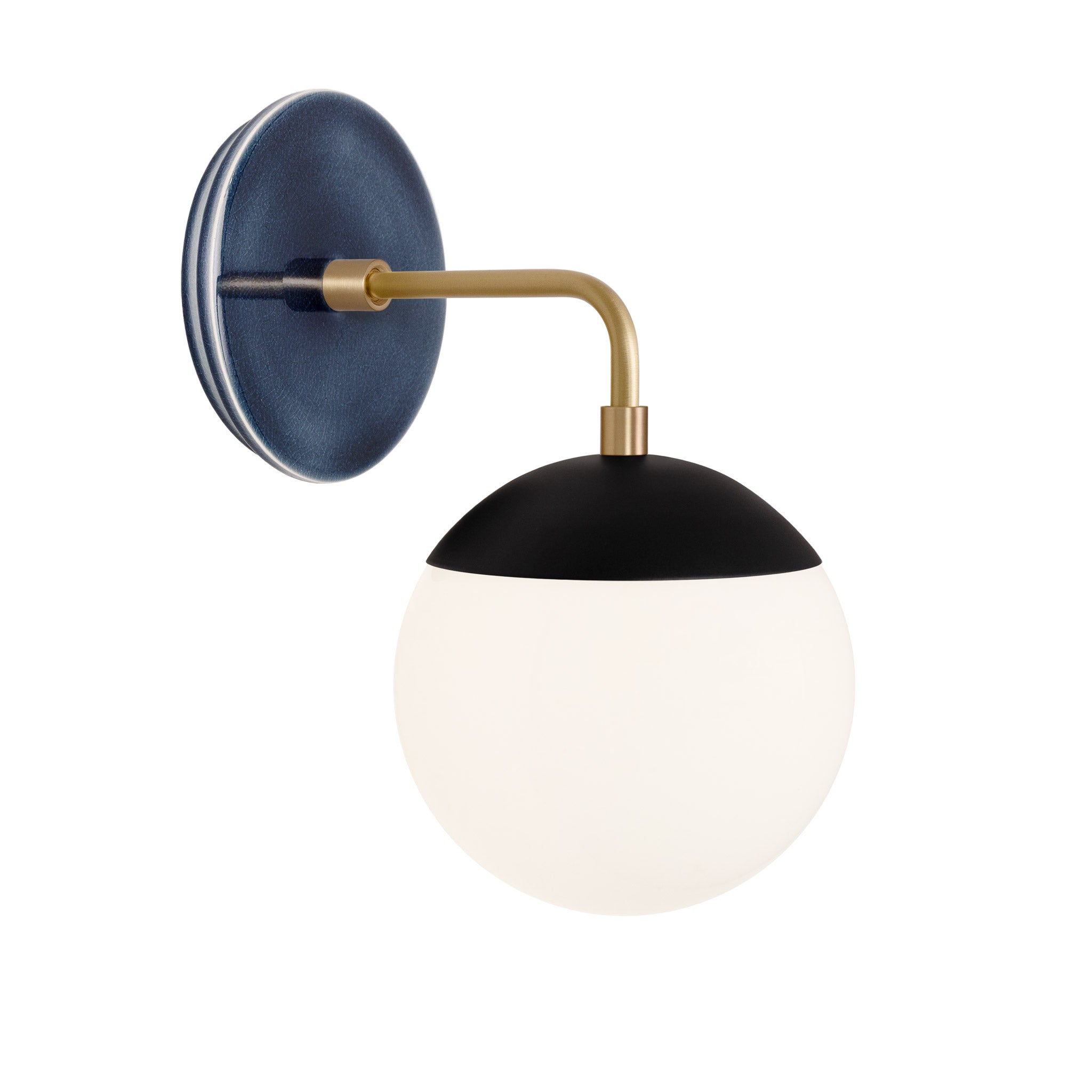 Alto Sconce 6” shown in Matte Black with Brass and an Indigo Blue Swift Ceramic Canopy