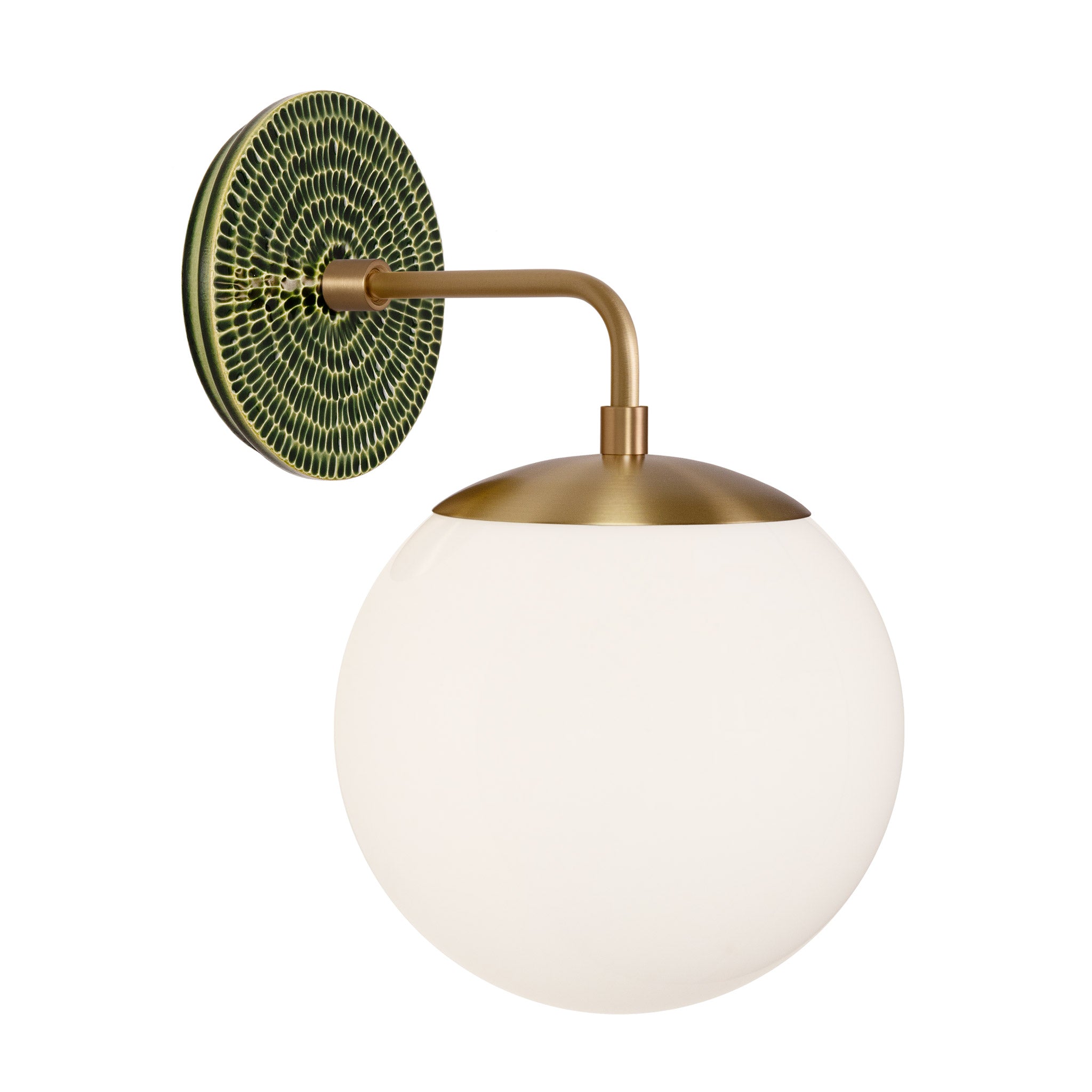 Alto Sconce 8” shown in Heirloom Brass with a Forest Green Sunflower Ceramic Canopy