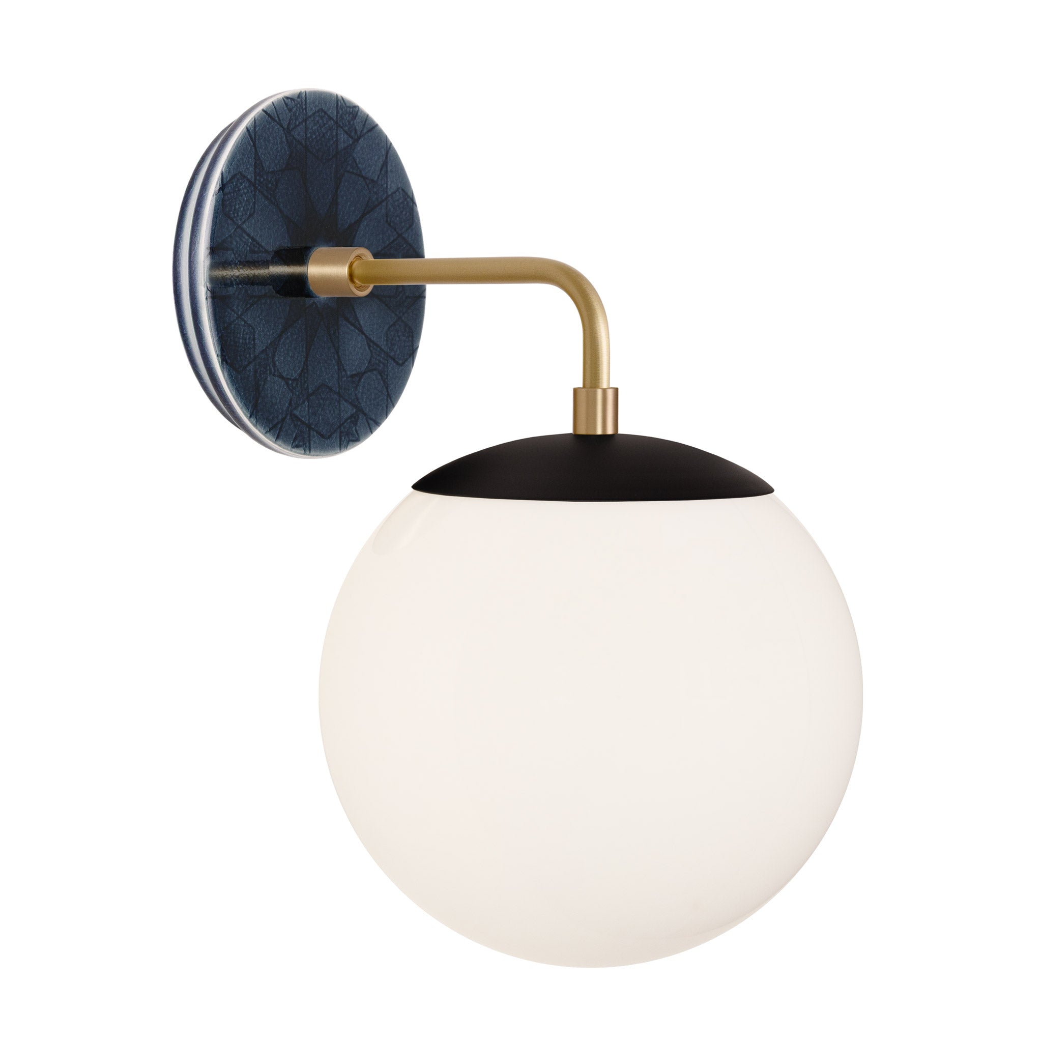 Alto Sconce 8” shown in Matte Black with Brass and an Indigo Blue Star Ceramic Canopy