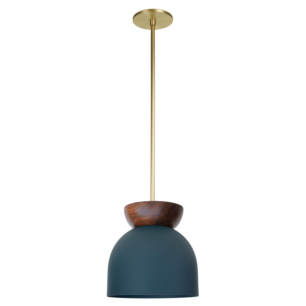 Amélie Luxe Wood 8" Pendant shown in Ocean Blue with Walnut and Brass.