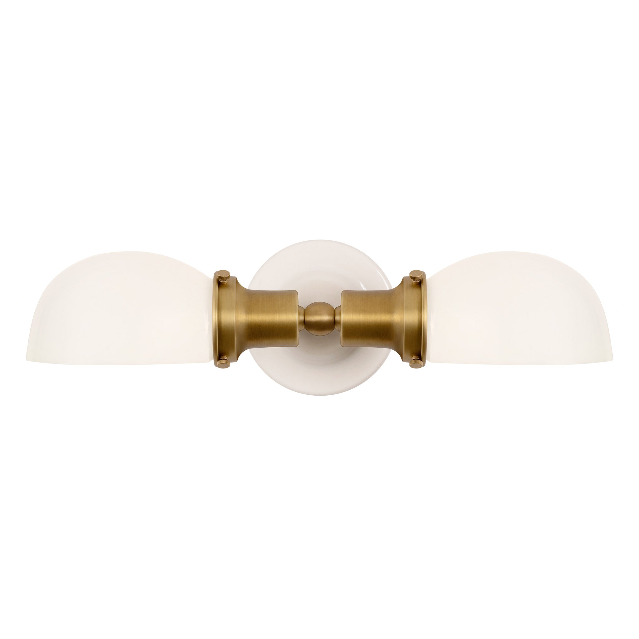 Archie Double shown in Heirloom Brass with a Gloss White Ceramic Canopy
