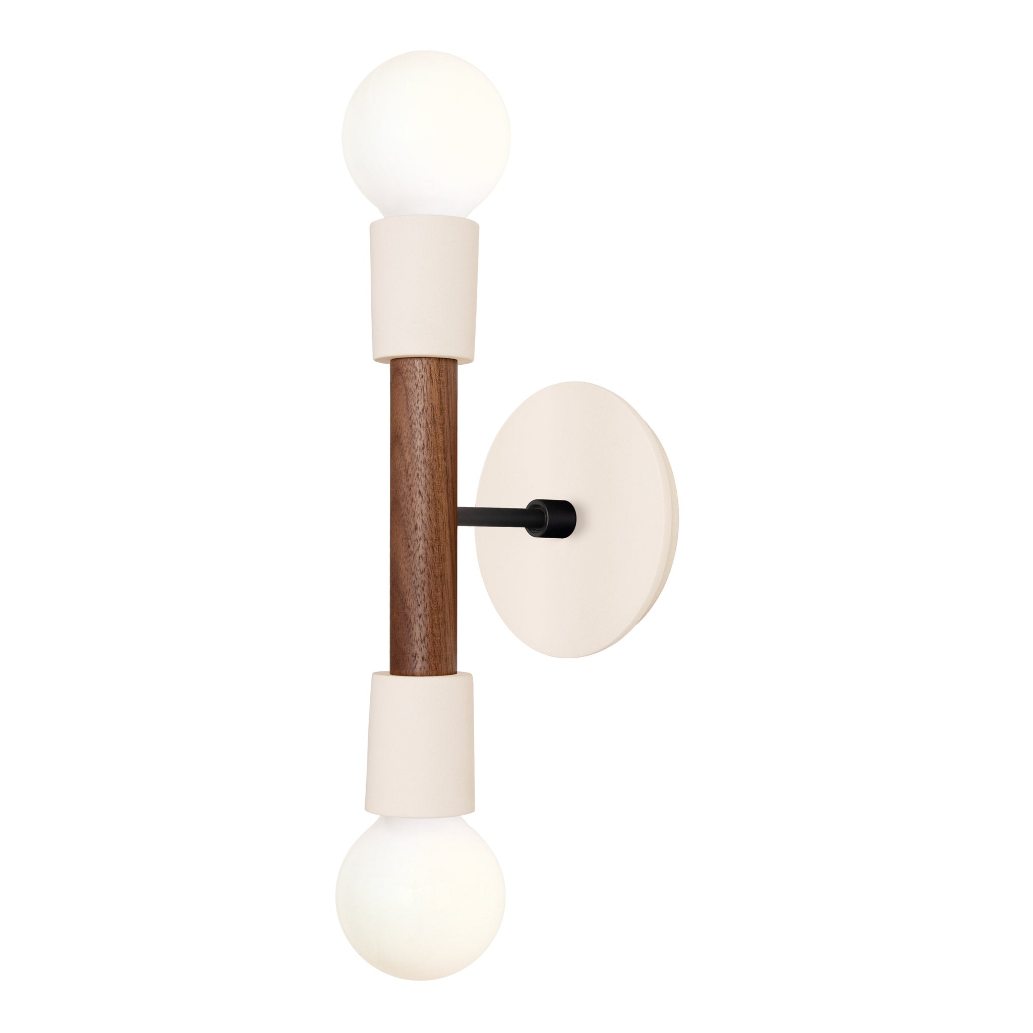 Bailey Sconce shown in Walnut and Matte Black with a Bone Ceramic Canopy
