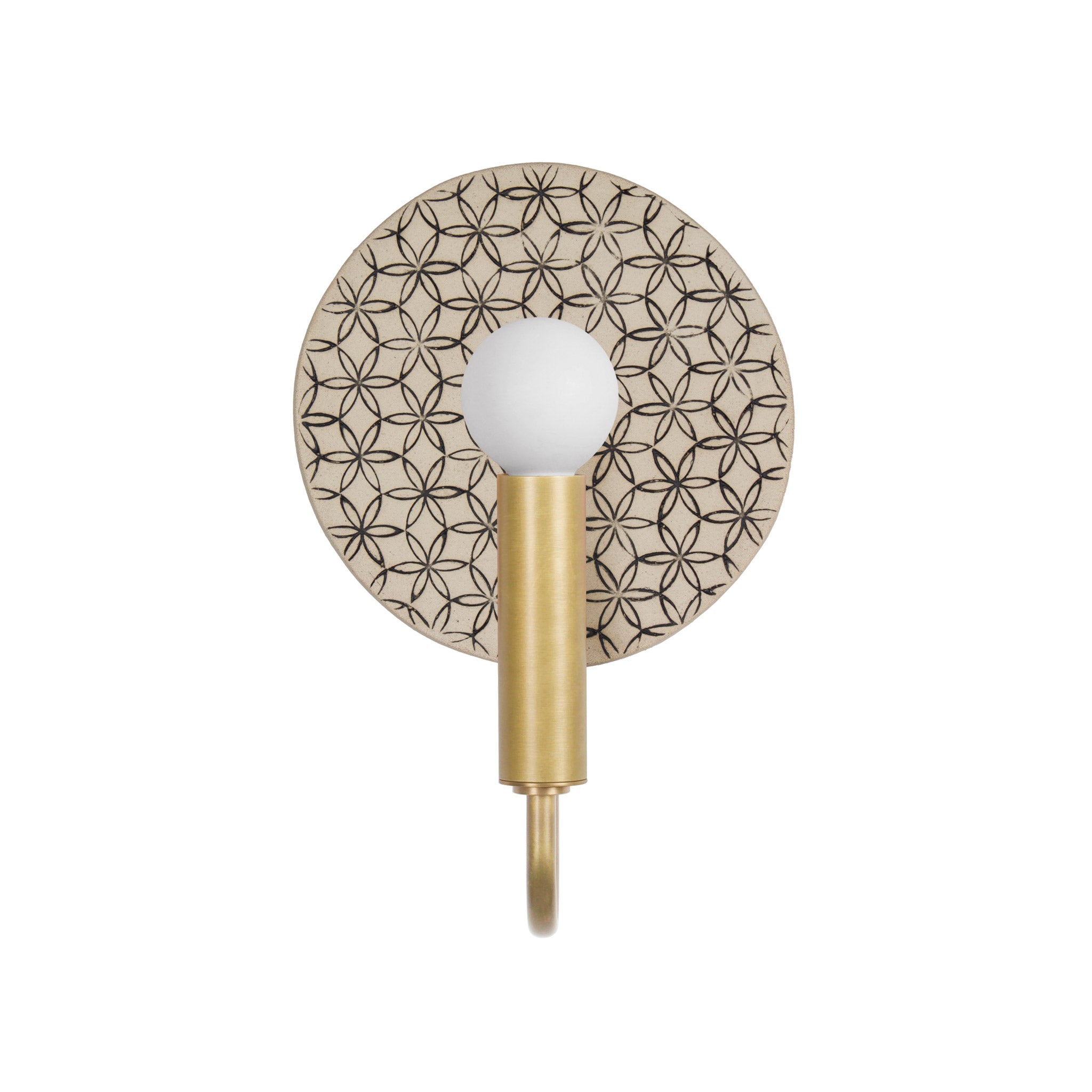 Edith ADA Sconce shown in Brass with a Black and Cream Quilted Ceramic Canopy