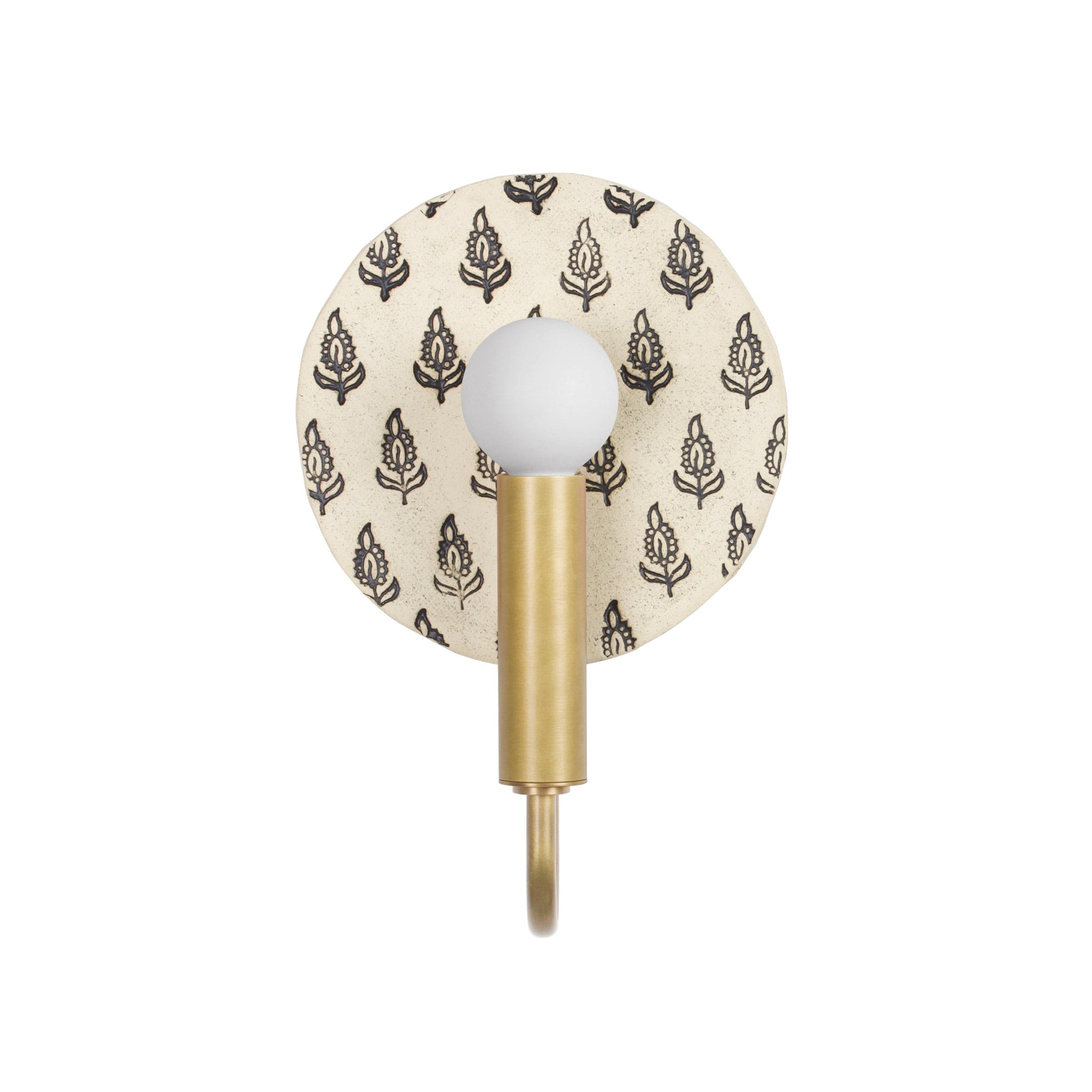 Edith ADA Sconce shown in Brass with a Black and Cream Floral Ceramic Canopy