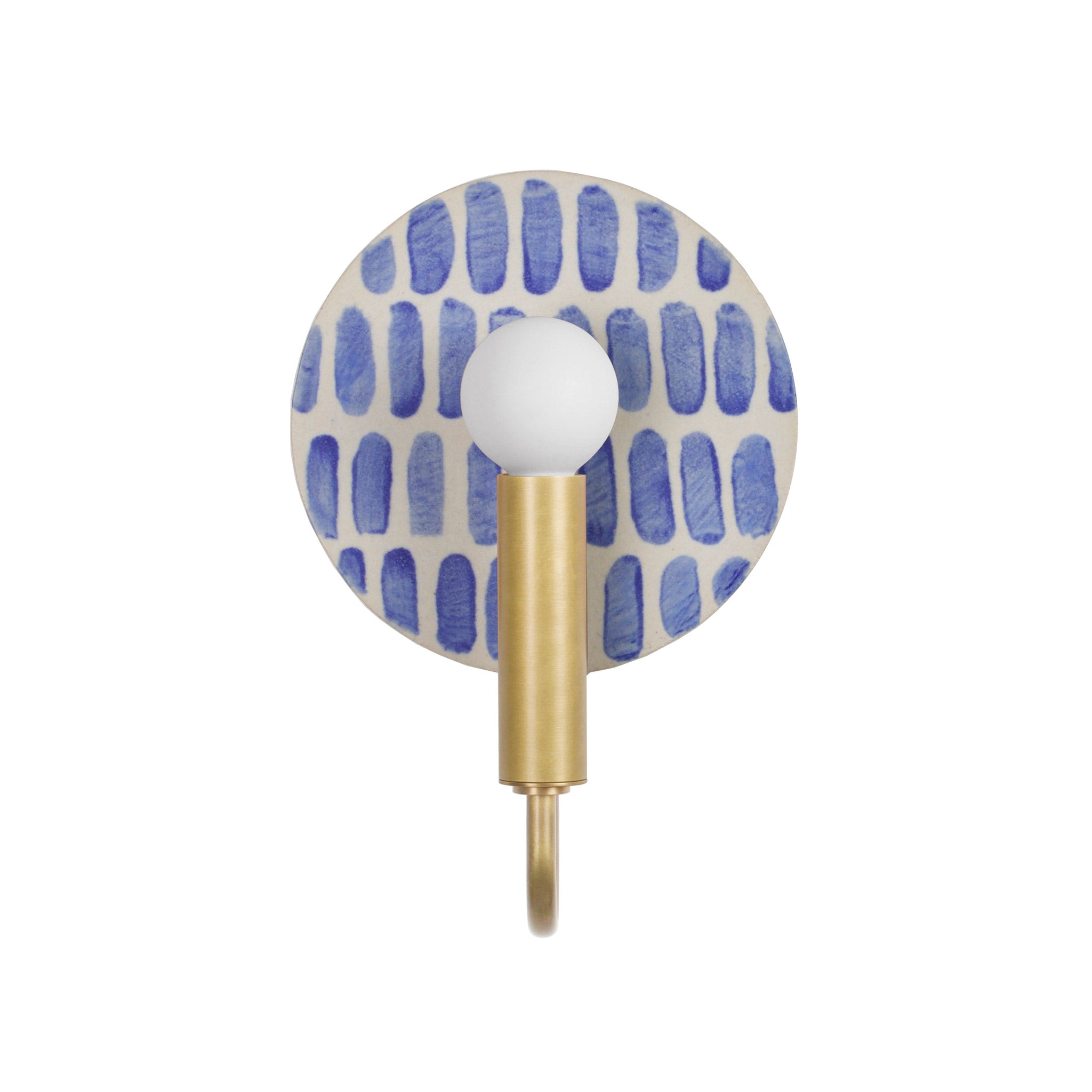 Edith ADA Sconce shown in Brass with a Blue Dot Stripe Ceramic Canopy