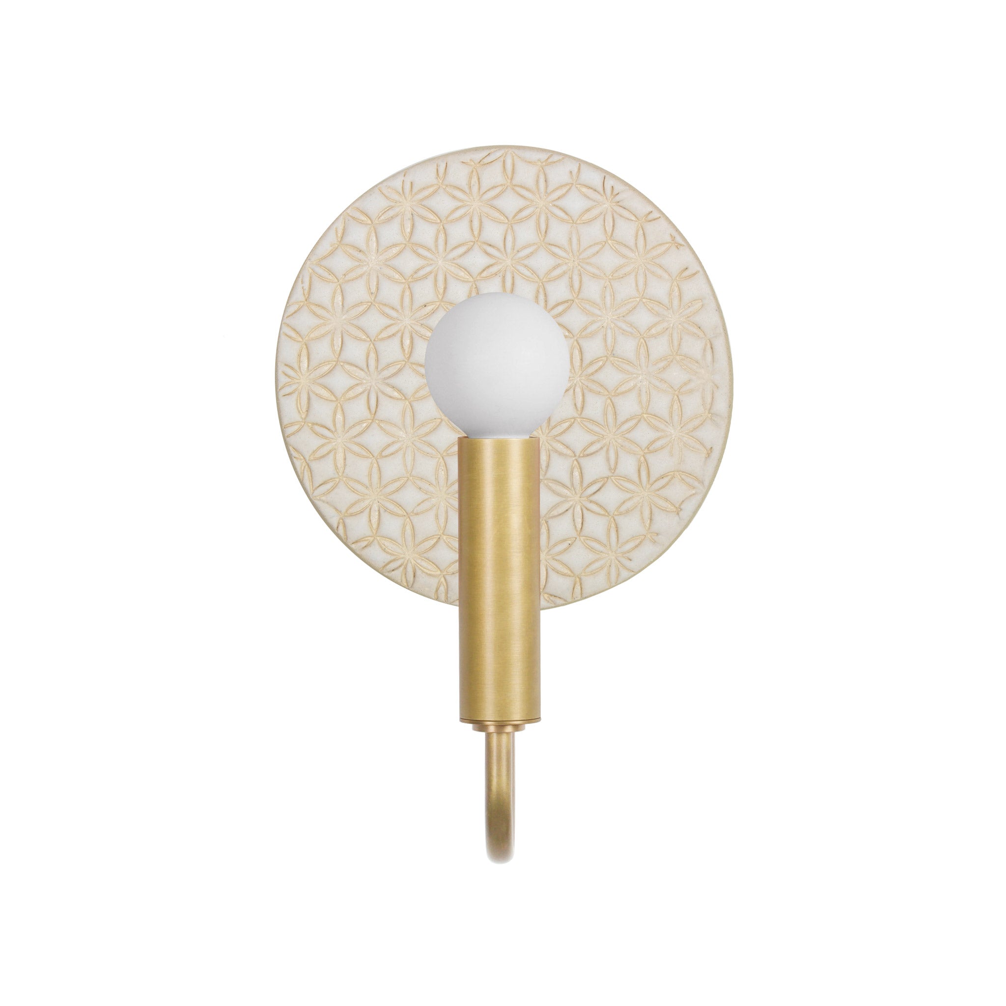 Edith ADA Sconce shown in Brass with a Natural White and Cream Quilted Ceramic Canopy