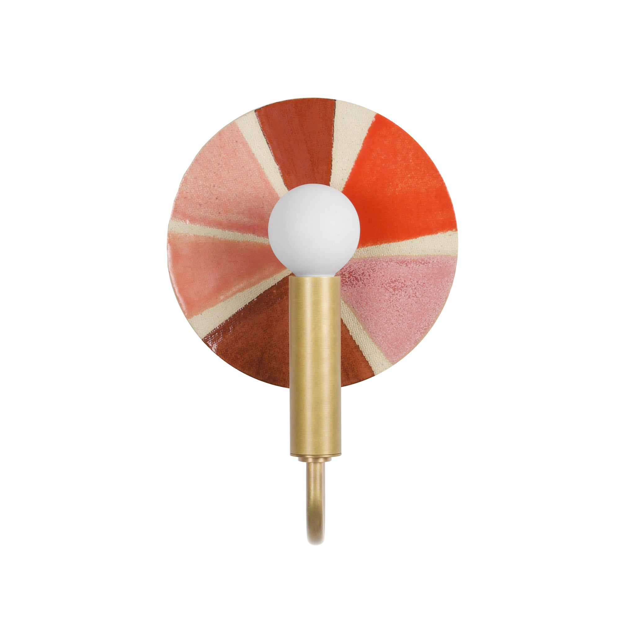 Edith ADA Sconce shown in Brass with a Pink and Cream Sun Ray Ceramic Canopy