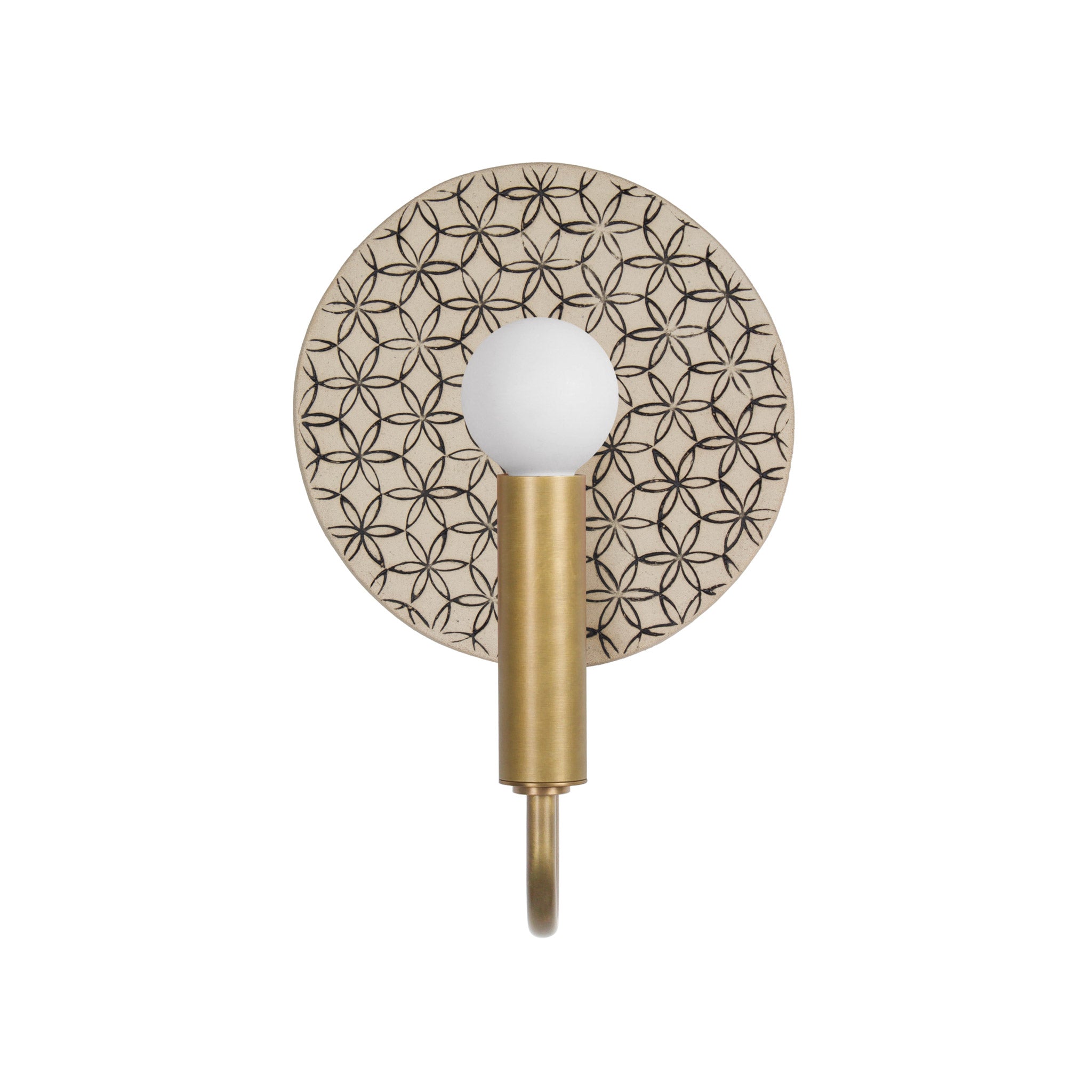 Edith ADA Sconce shown in Heirloom Brass with a Black and Cream Quilted Ceramic Canopy