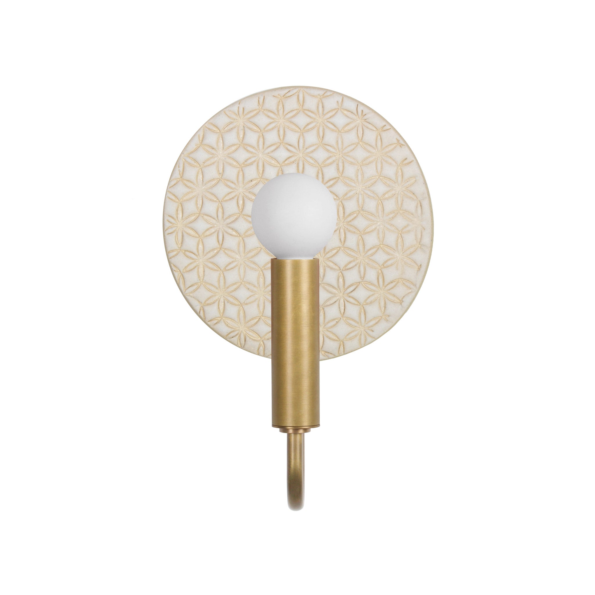 Edith ADA Sconce shown in Heirloom Brass with a Natural White and Cream Quilted Ceramic Canopy