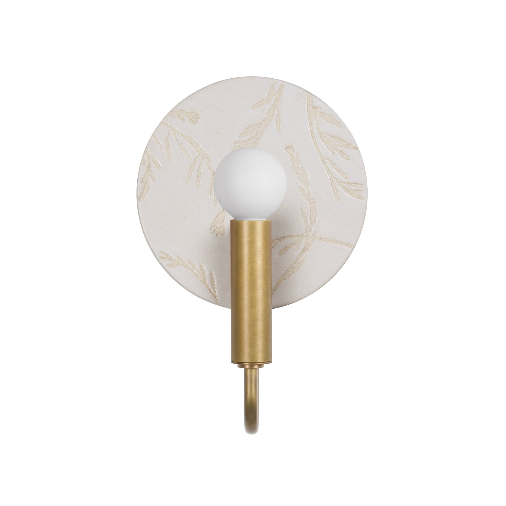 Edith ADA Sconce shown in Heirloom Brass with a Natural White Tanglewood Ceramic Canopy
