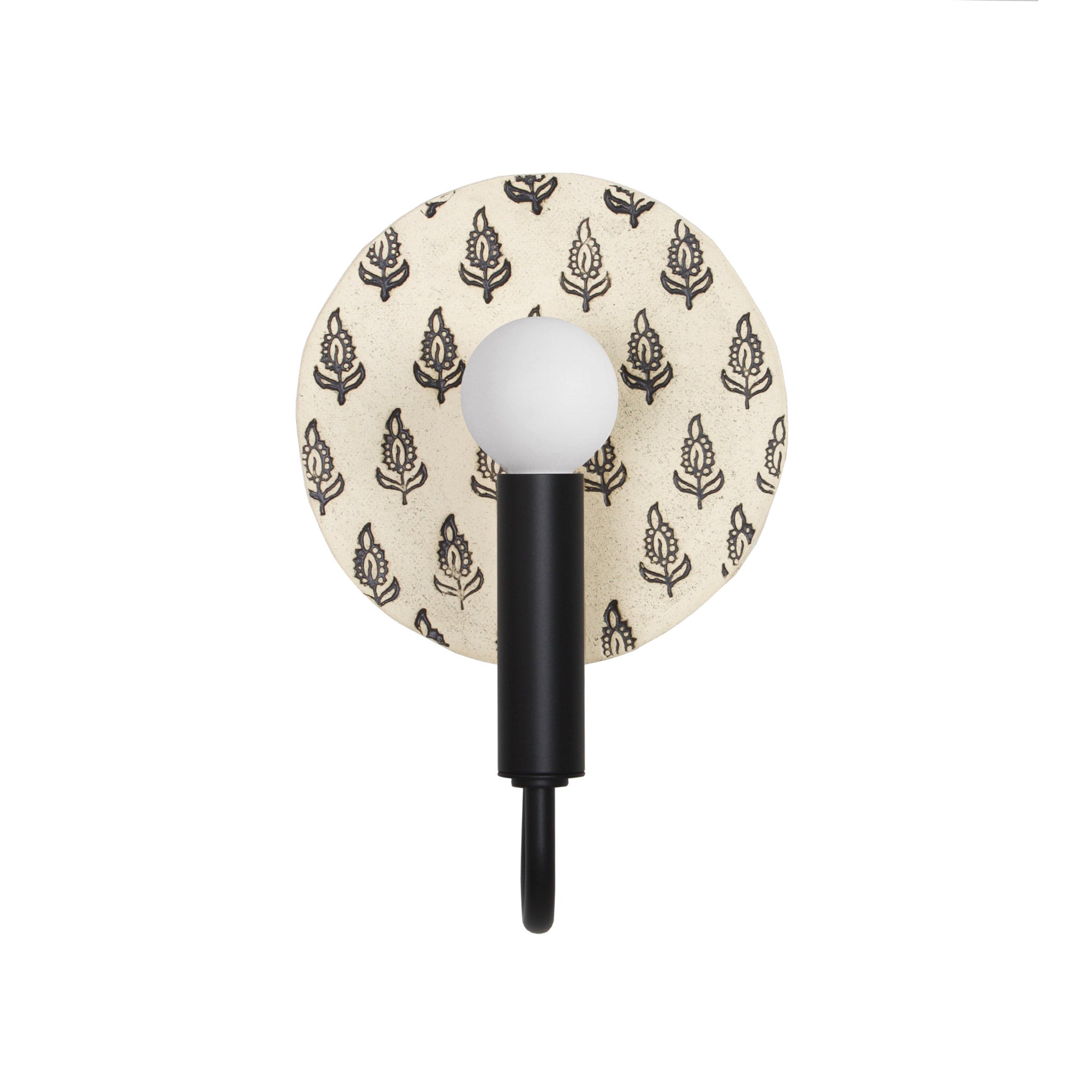 Edith ADA Sconce shown in Matte Black with a Black and Cream Floral Ceramic Canopy