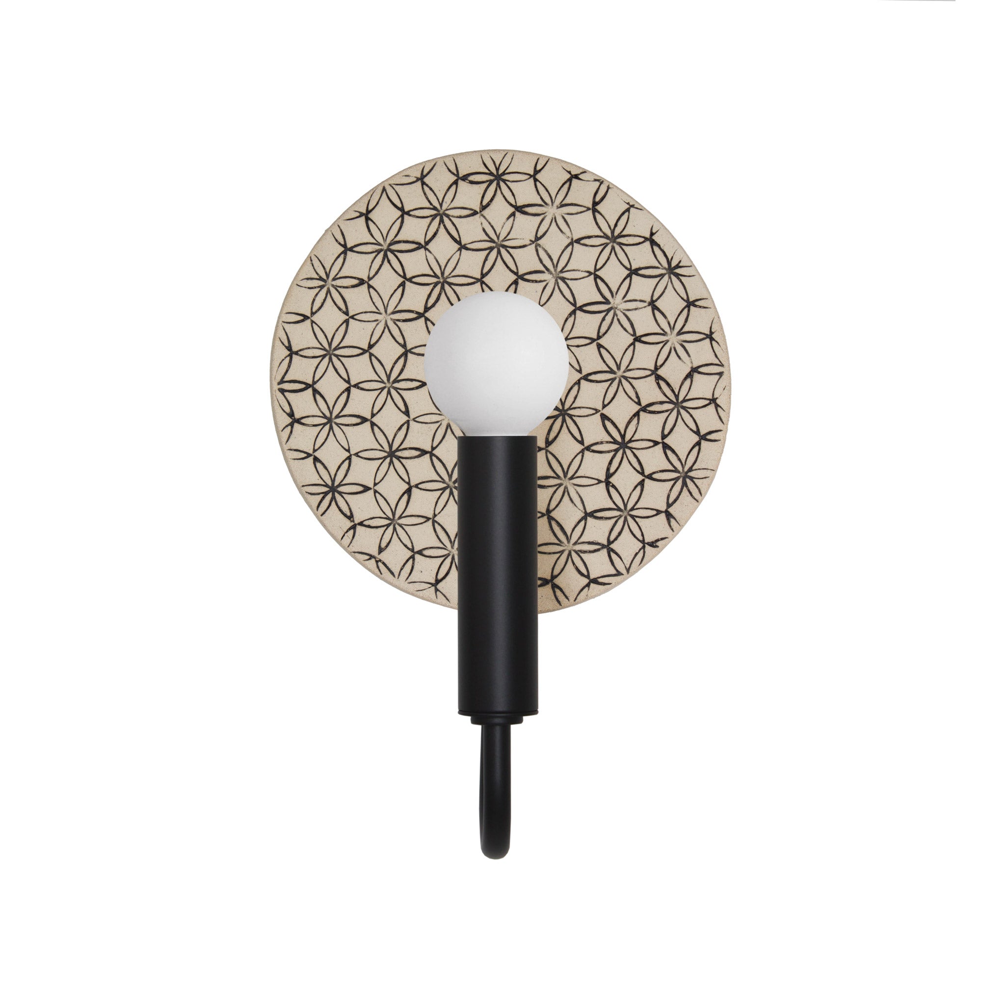 Edith ADA Sconce shown in Matte Black with a Black and Cream Quilted Ceramic Canopy