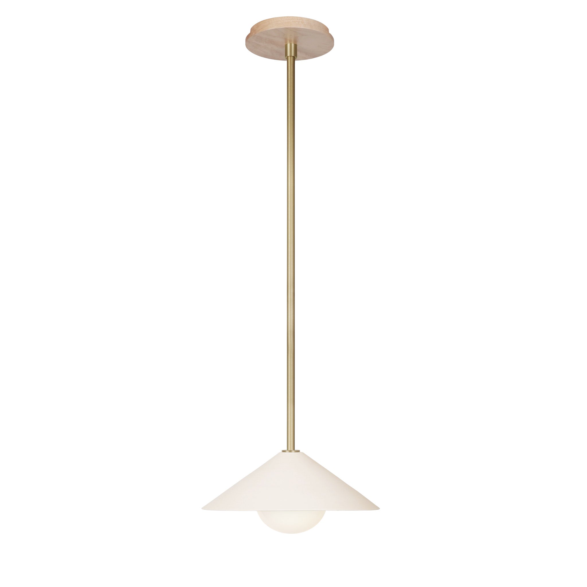 Elvia Pendant shown in Brass with a Maple Wood canopy